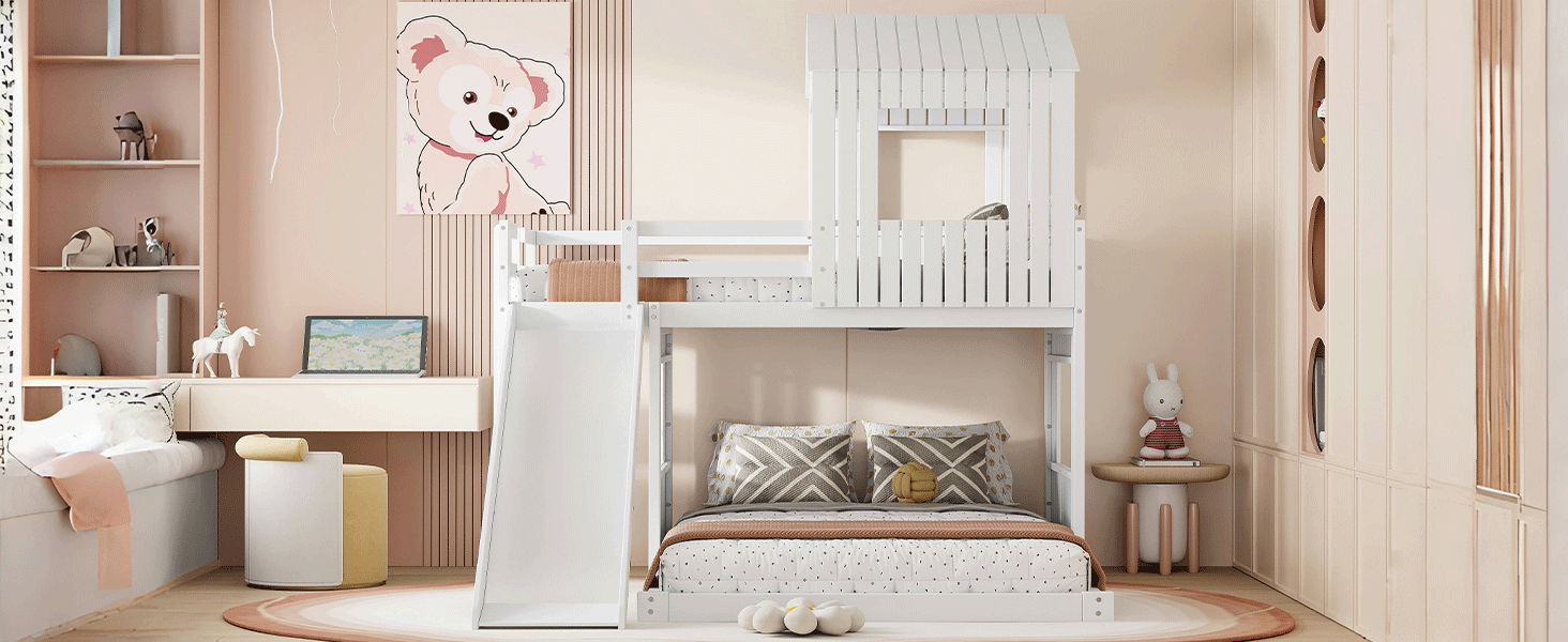 Wooden Twin Over Full Bunk Bed, Loft Bed With Playhouse, Farmhouse, Ladder, Slide And Guardrails - White