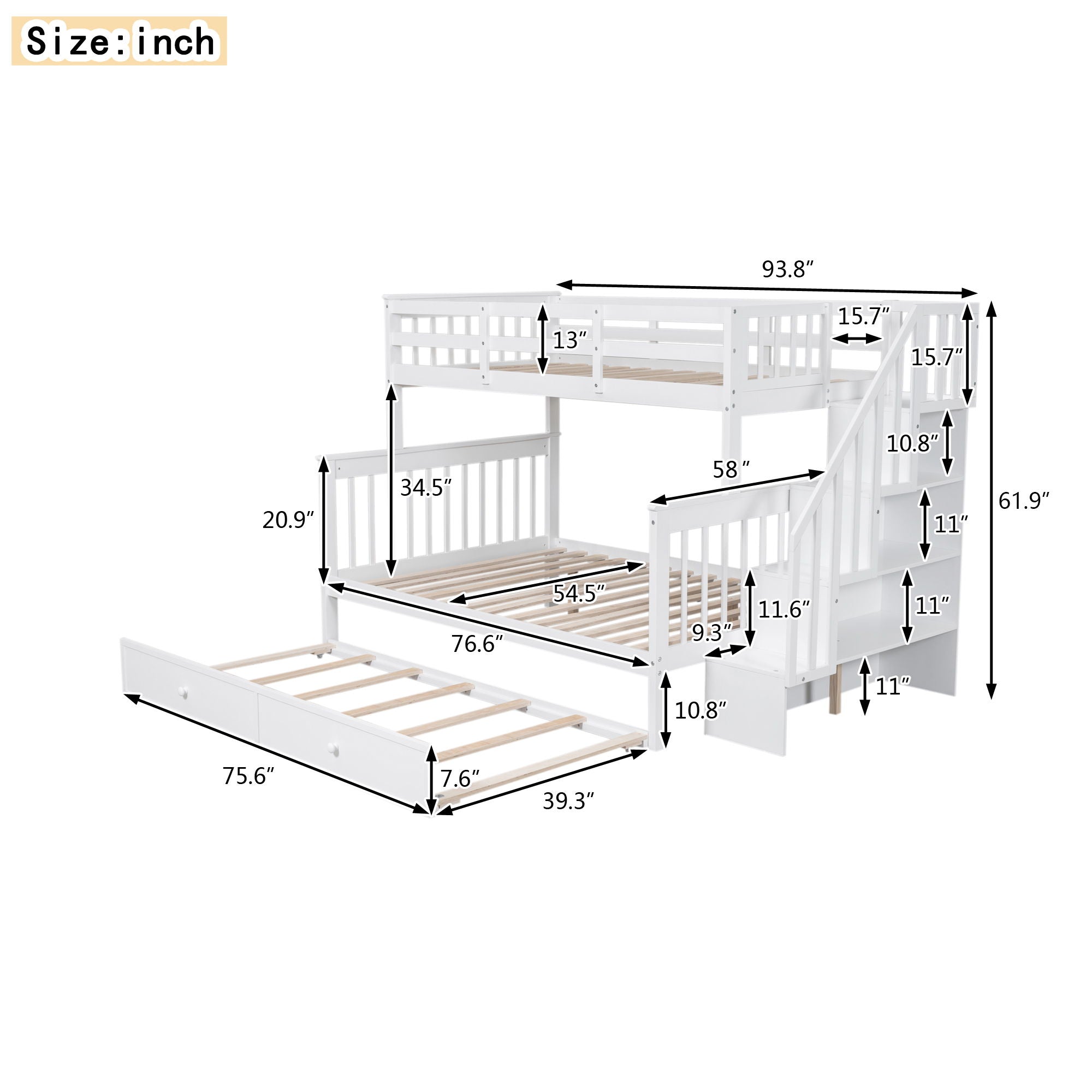 Stairway Bunk Bed With Twin Size Trundle, Storage And Guard Rail For Bedroom, Dorm