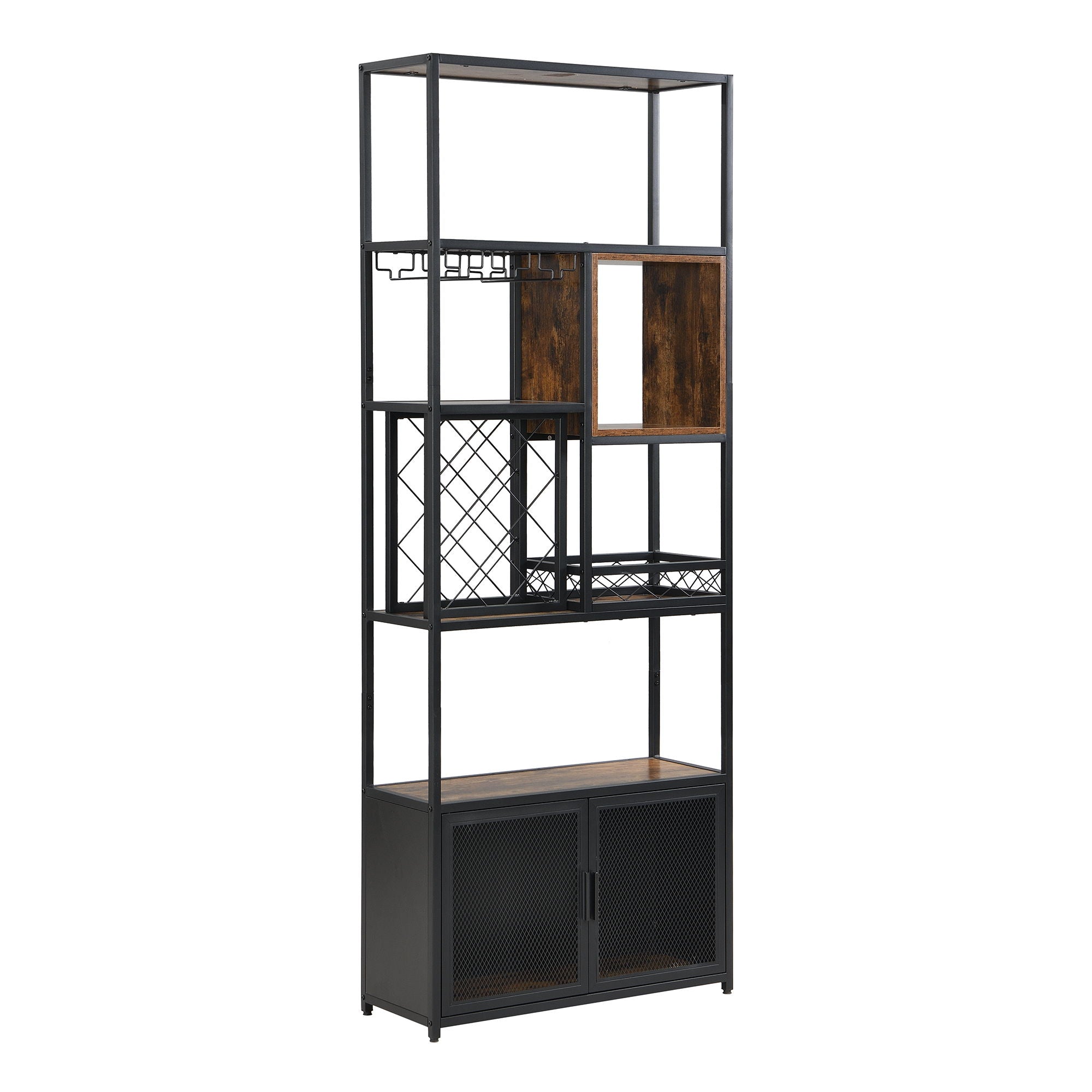 Industrial Tall Black Bar Wine Rack Cabinet With Glass Holder Wood Home Bar Cabinet - Walnut / Black