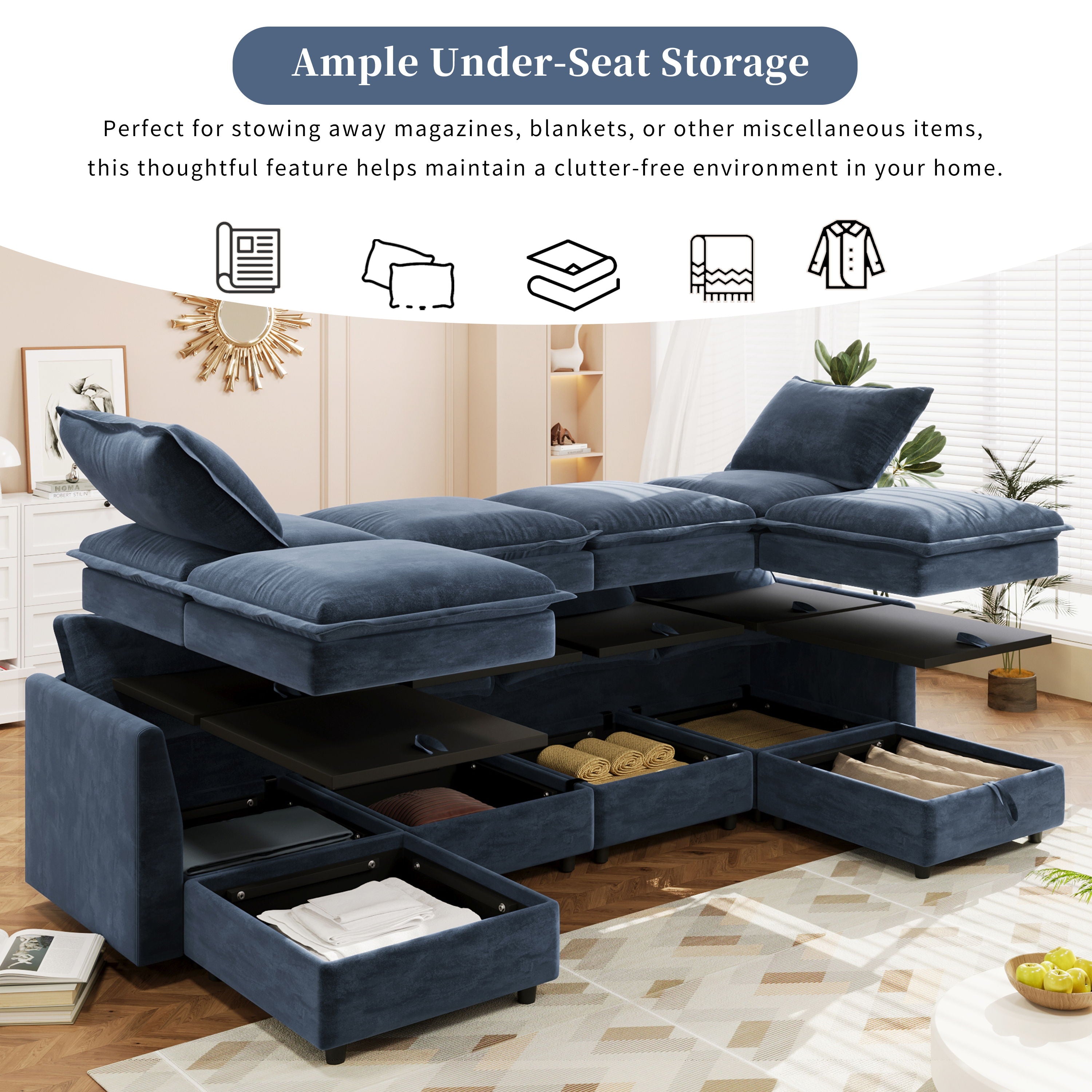 Versatile 6 Piece Modular Sofa Bed With Storage, Stylish Faux Double Layer Cushions, Comfortable & Durable Design, Perfect For Any Living Space