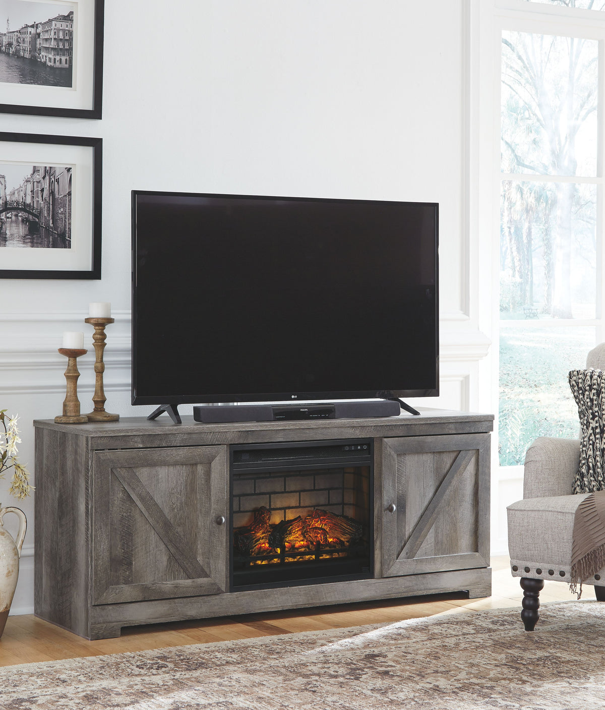 Wynnlow - Home Entertainment Set Gray 2 Pc. - 63" TV Stand with Faux Firebrick Fireplace Insert by Signature Design by Ashley® | Bel Furniture