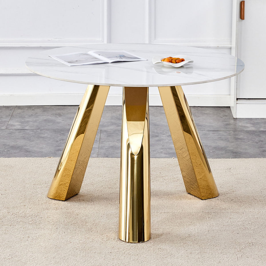 Marble Grained Stone Round Table Three - Legged Round Table With Stainless Steel Plated Legs Natural Healthy And Environmentally Friendly Round Table