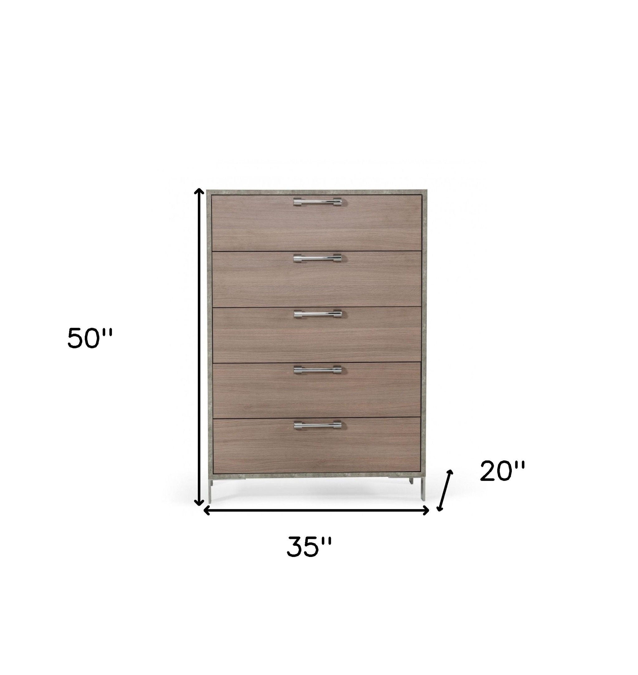 Solid Wood Five Drawer Chest - Brown Oak / Gray