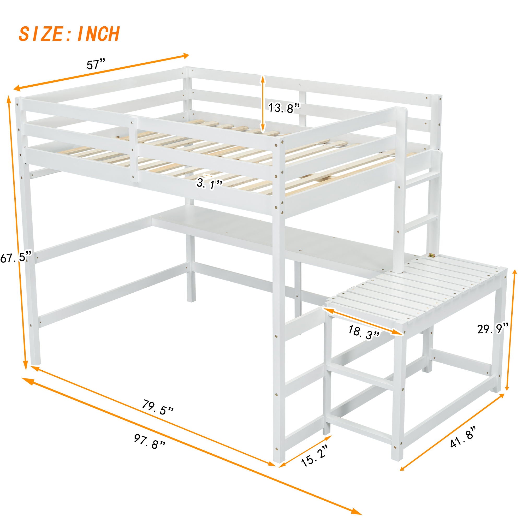 Loft Bed With Built-In Desk, Ladder Platform, Ladders, Guardrails