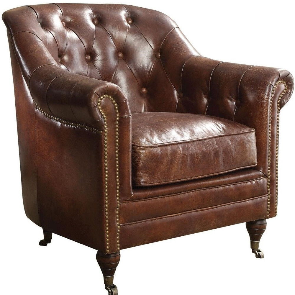 Top Grain Leather Tufted Chesterfield Chair - Brown