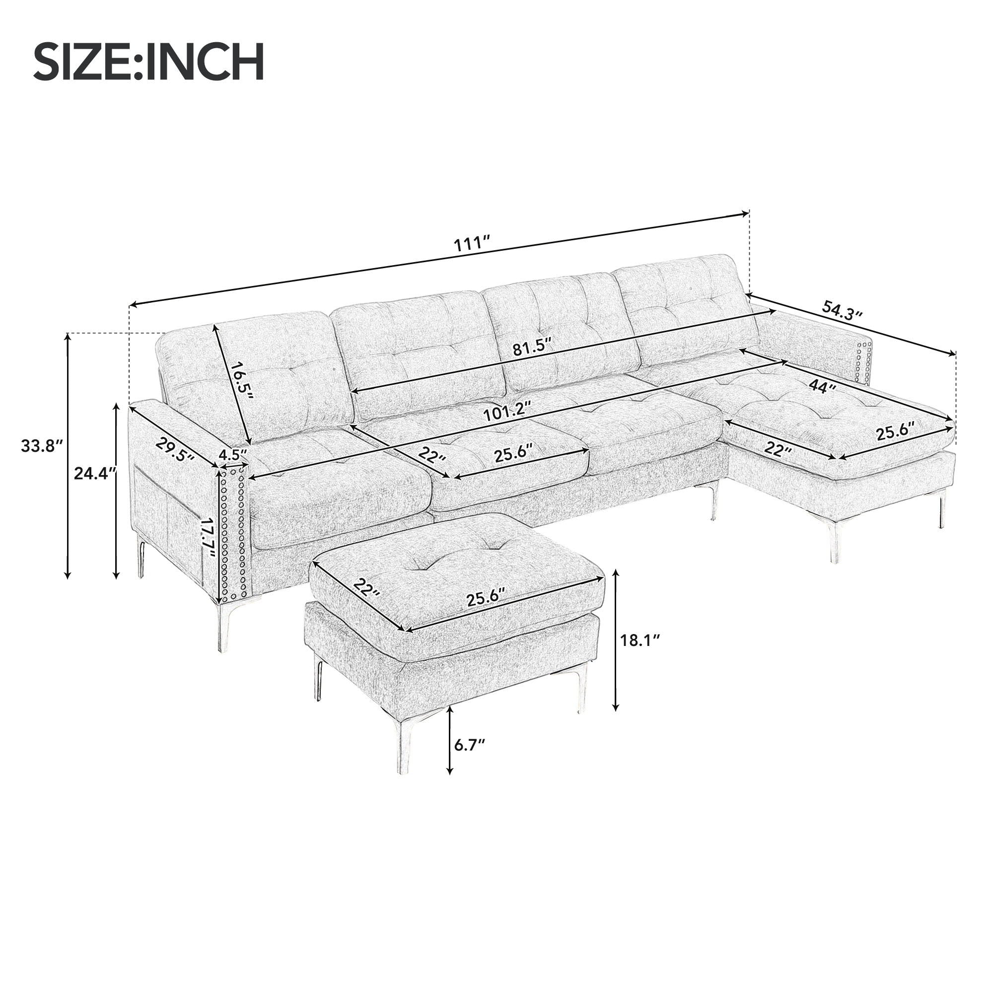 L-Shape Convertible Sectional Sofa Couch With Movable Ottoman For Living Room