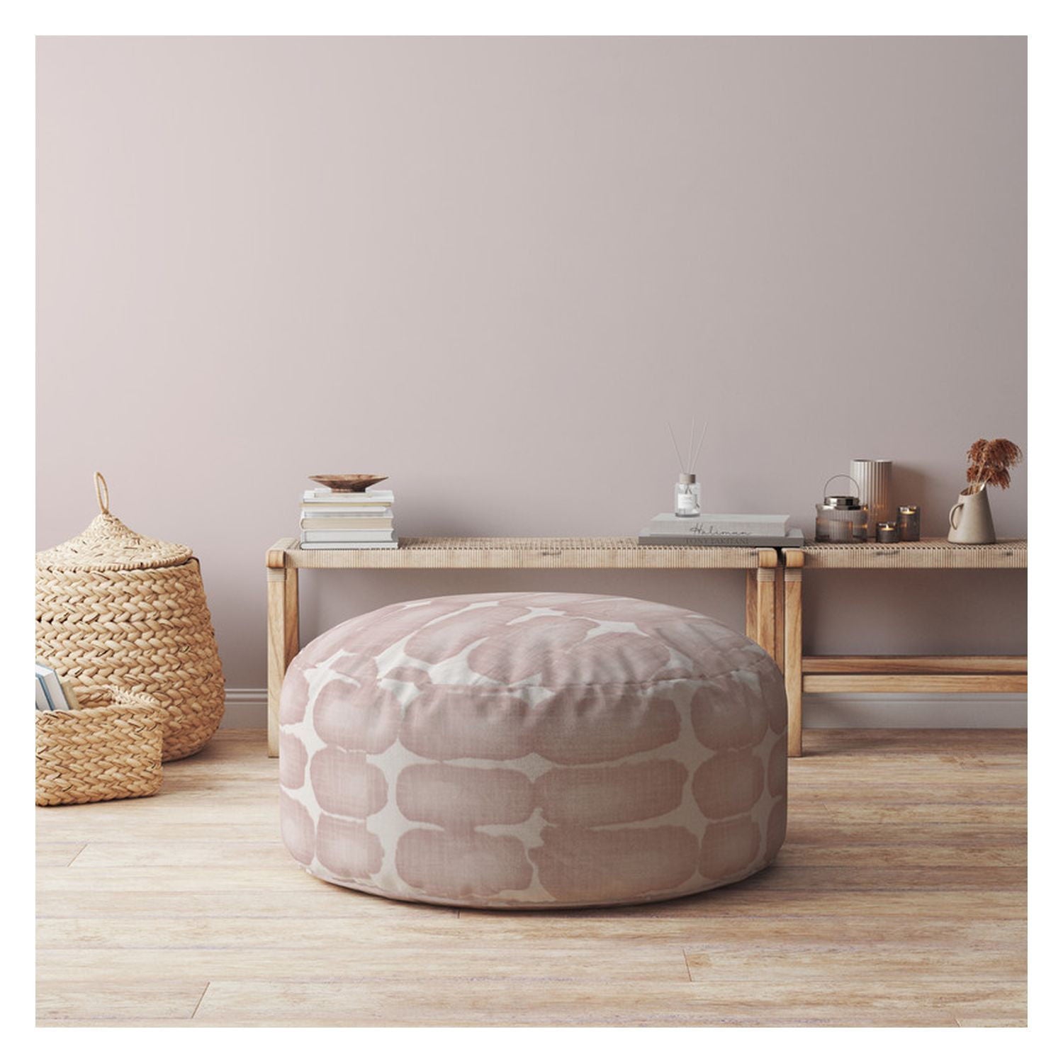 Canvas Round Abstract Pouf Ottoman - Pink / White