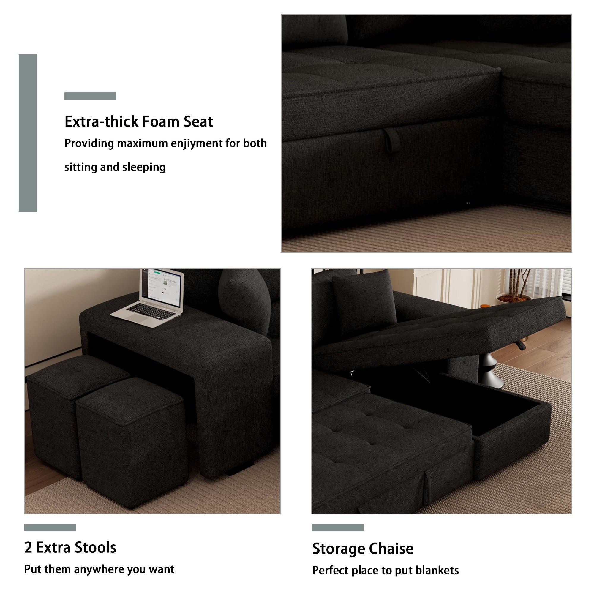 Modern L-Shape 3 Seat Reversible Sectional Couch, Pull Out Sleeper Sofa With Storage Chaise And 2 Stools For Living Room Furniture Set