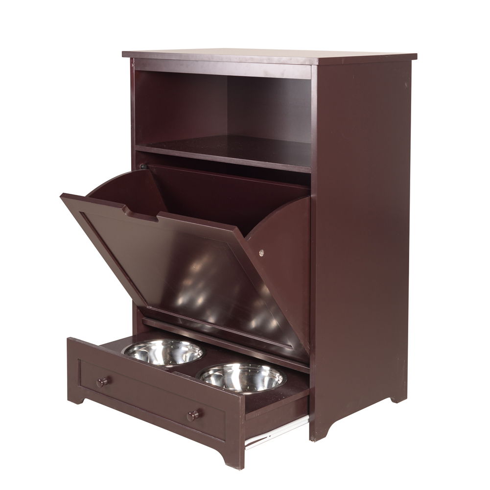 Pet Feeder Station With Storage, Waterproof Painted, Dog And Cat Feeder Cabinet With Stainless Bowl - Brown