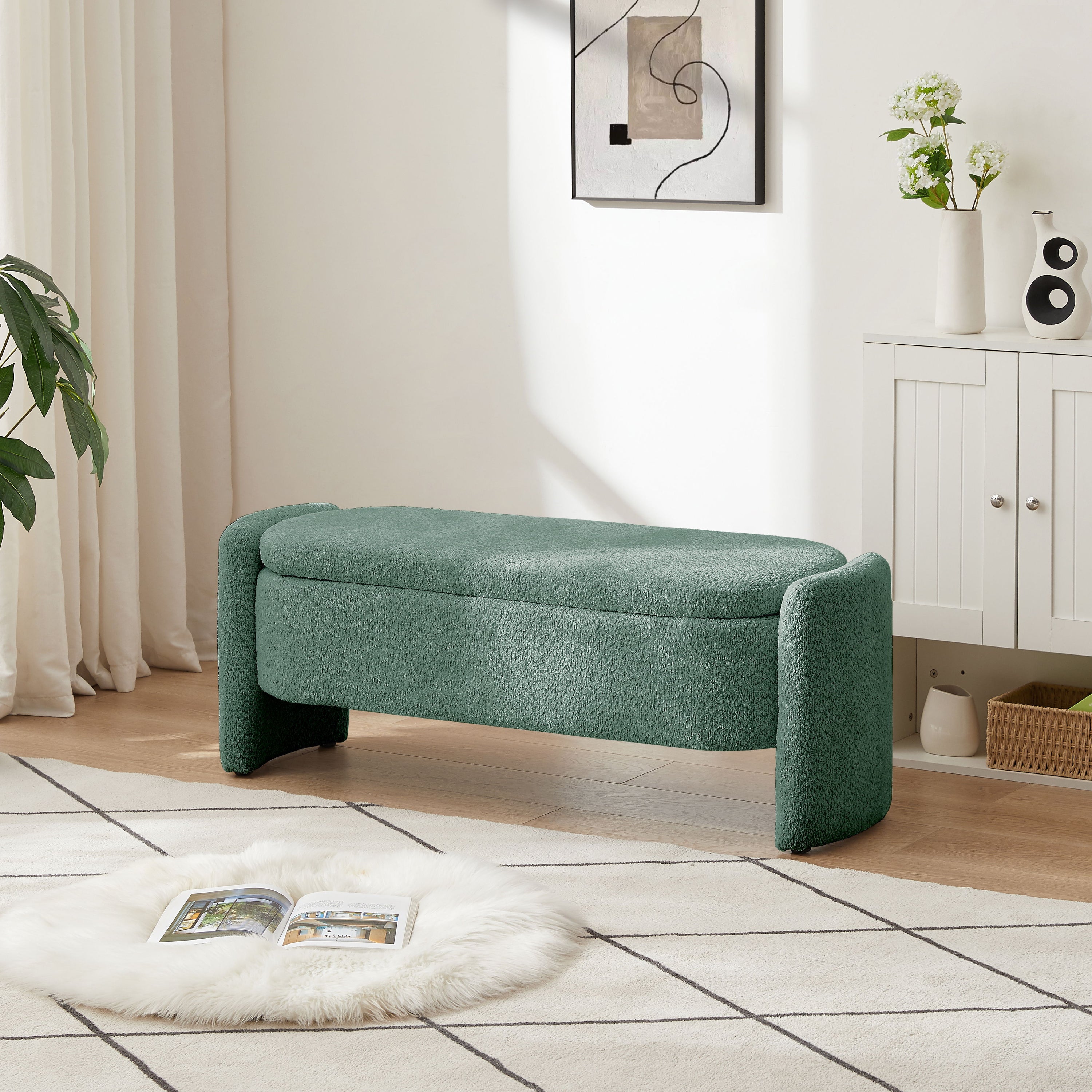 Ottoman Oval Storage Bench, 3D Lamb Fleece Bench With Large Storage Space For The Living Room, Entryway And Bedroom