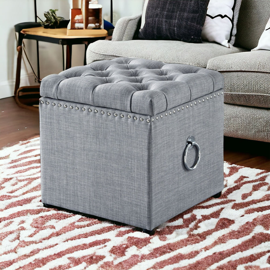 Linen And Black Tufted Storage - Light Gray