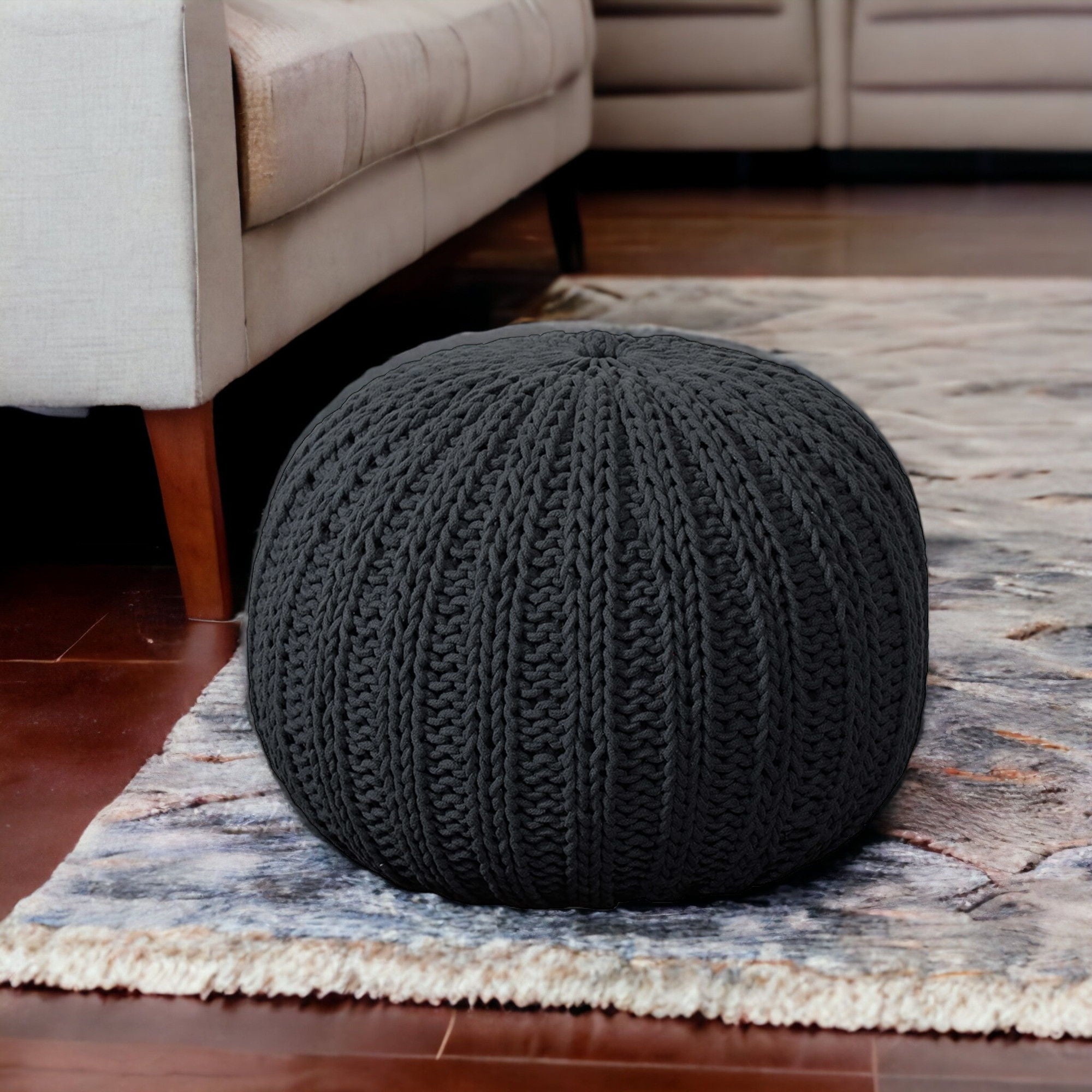 Round Cotton Ottoman - Black