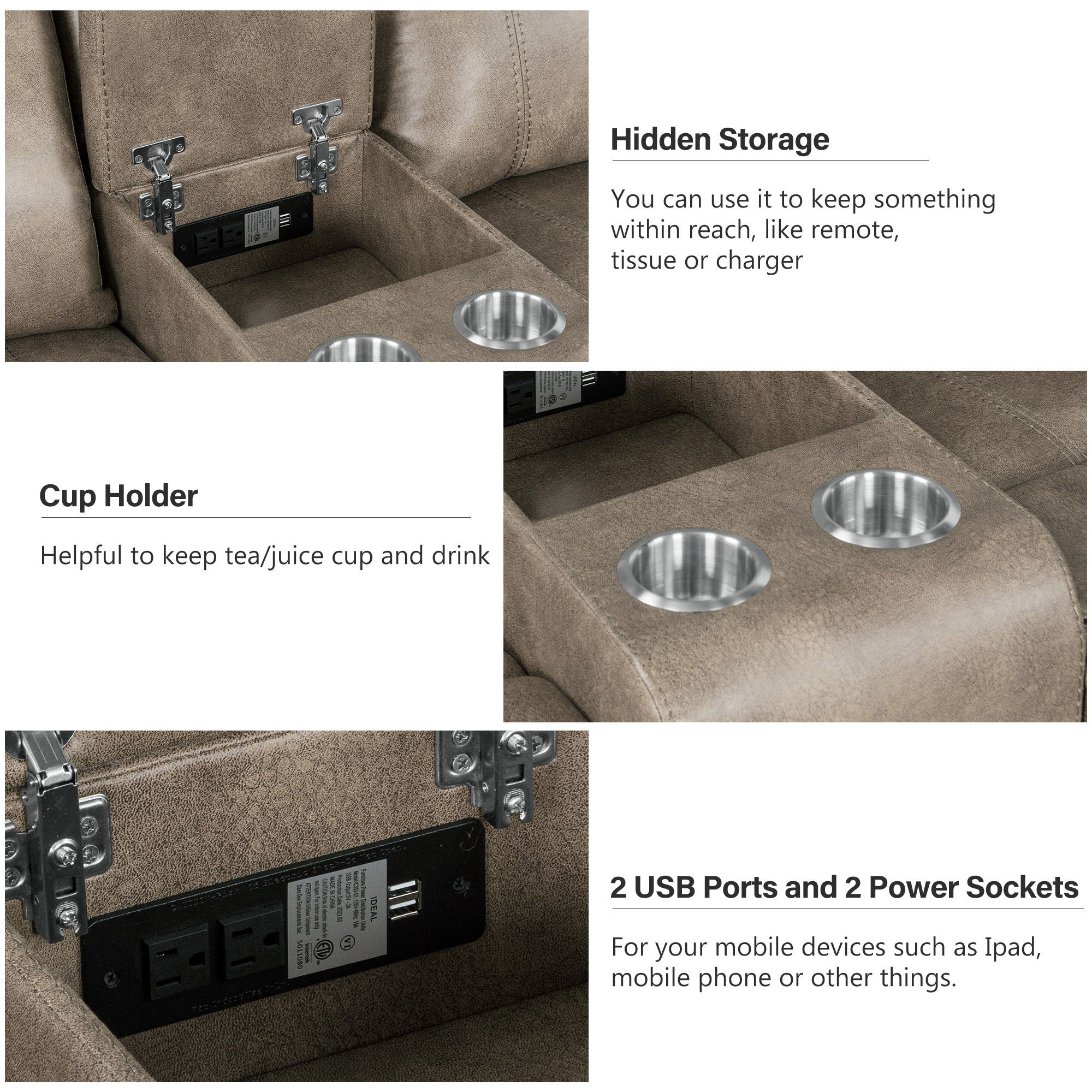 Home Theater Seating Manual Recliner With Cup Holder, Hide - Away Storage, 2 USB Ports And 2 Power Sockets For Living Room, Home Theater