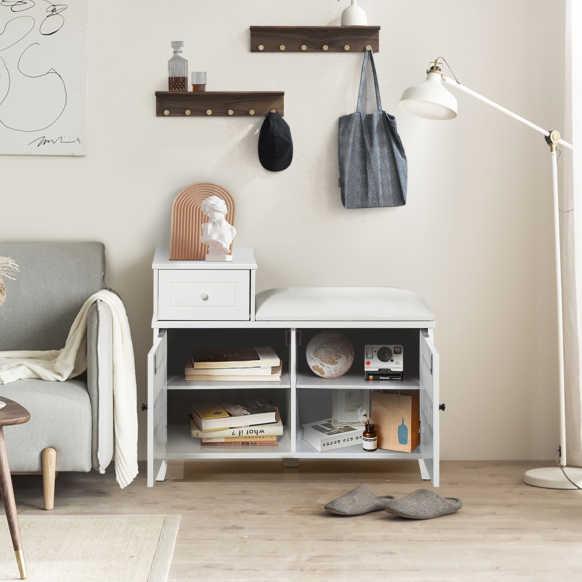 Shoe Storage Bench Cabinet With Fireproof PU Cushion, Double Doors And Movable Drawer For Door Entrance - White