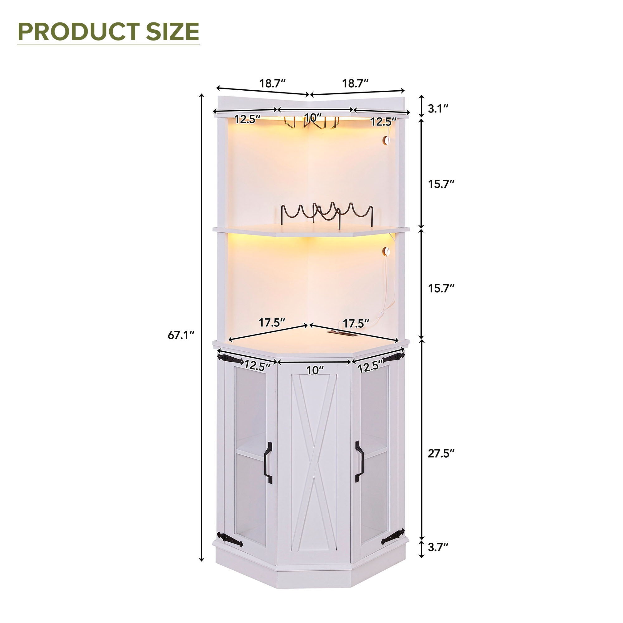 Corner Bar Cabinet With Power Outlet, Farmhouse Wine Bar Cabinet With Adjustable Shelves For Home, With Lights & Glass Rack For Dining Room, Living Room, Kitchen - White