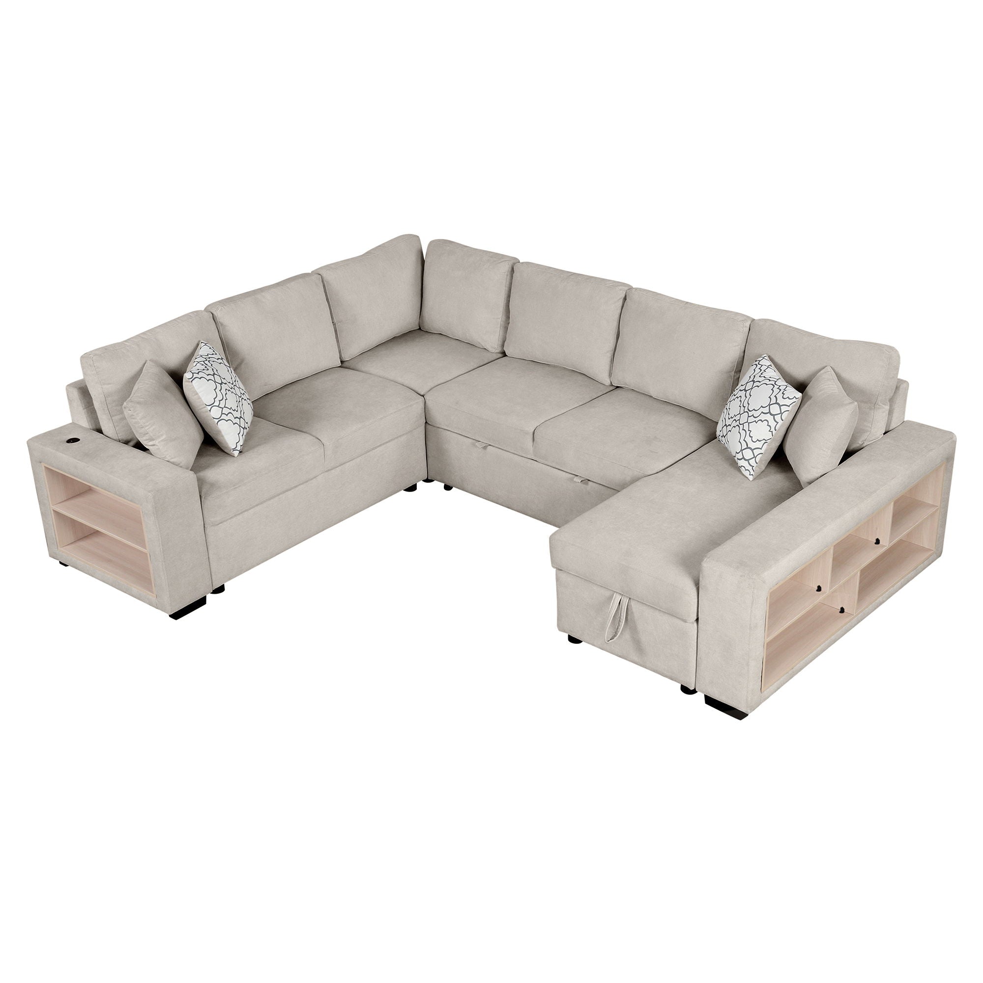 U-Shaped Sectional Sofa Pull-Out Sofa Bed With Two USB Ports, A Storage Chaise Lounge And Four Back Pillows For Living Room