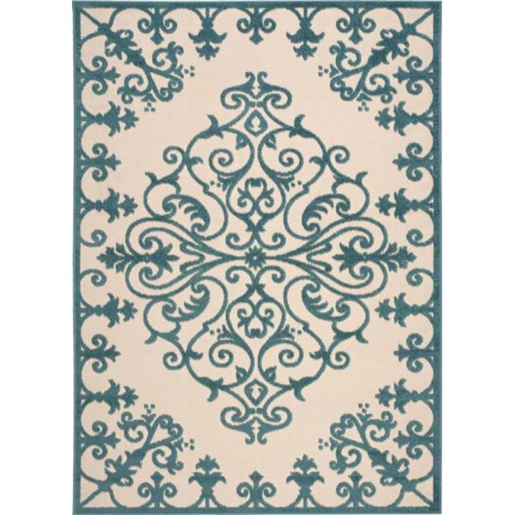 10' X 13' Non Skid Indoor / Outdoor Area Rug - Aqua Damask