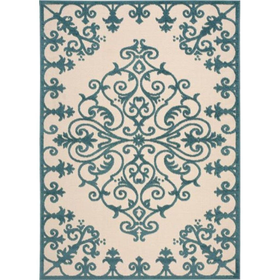 10' X 13' Non Skid Indoor / Outdoor Area Rug - Aqua Damask