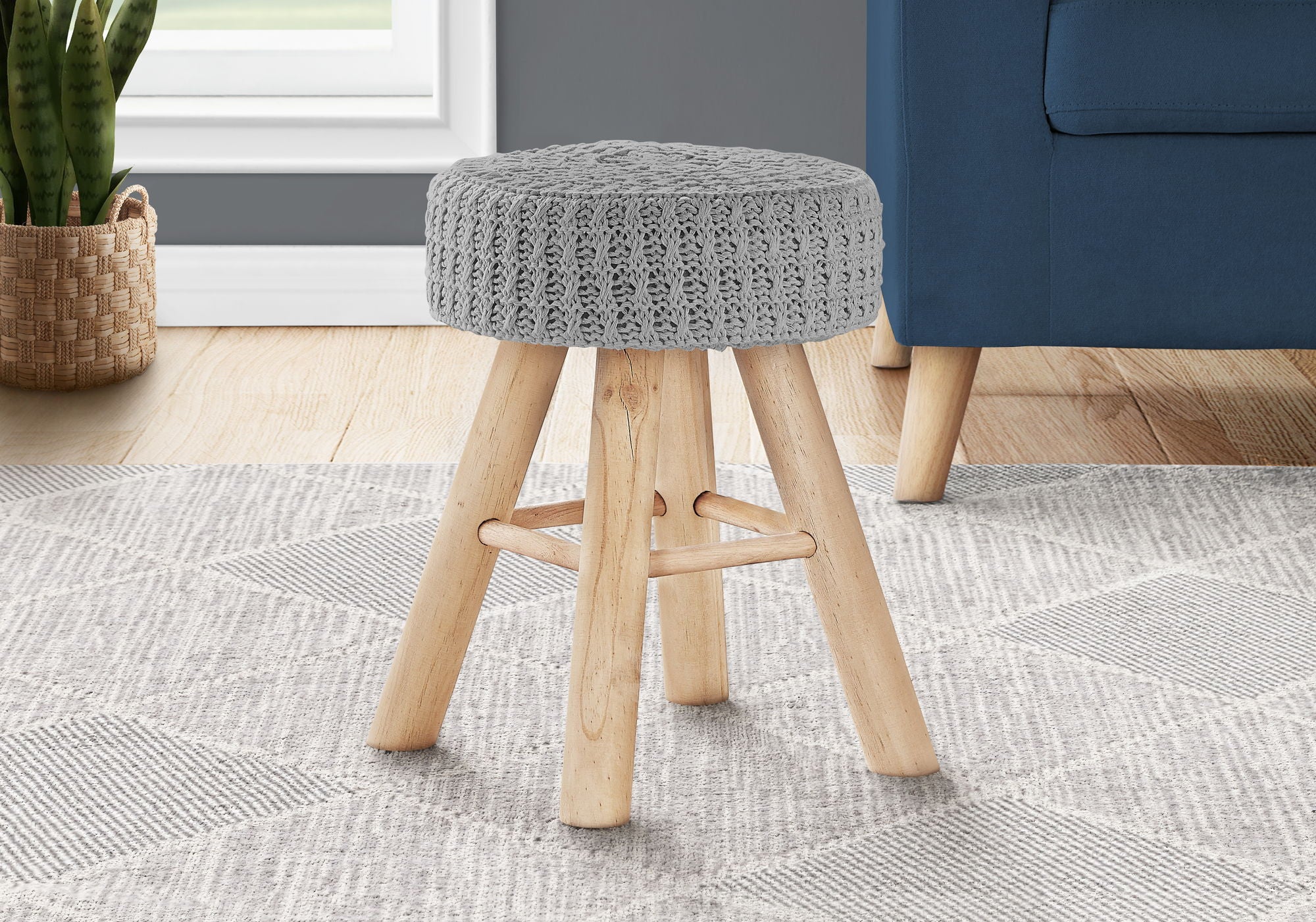 Ottoman, Pouf, Footrest, Foot Stool, Round Velvet, Natural Wood Legs, Contemporary, Modern