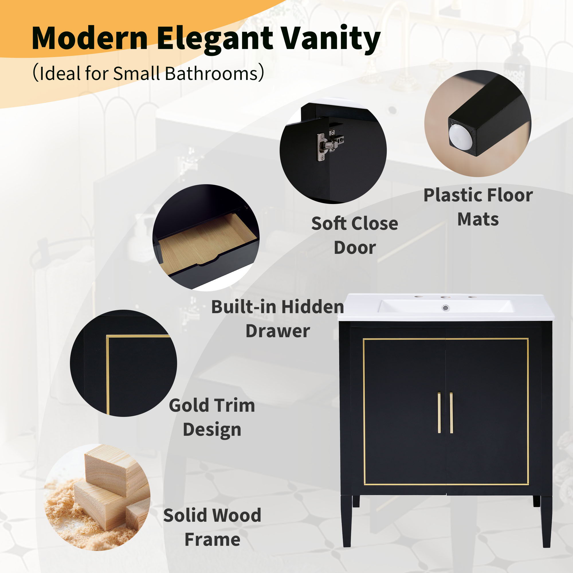 Bathroom Vanity With Ceramic Basin, Soft Close Door, Built-In Hidden Drawer - Black