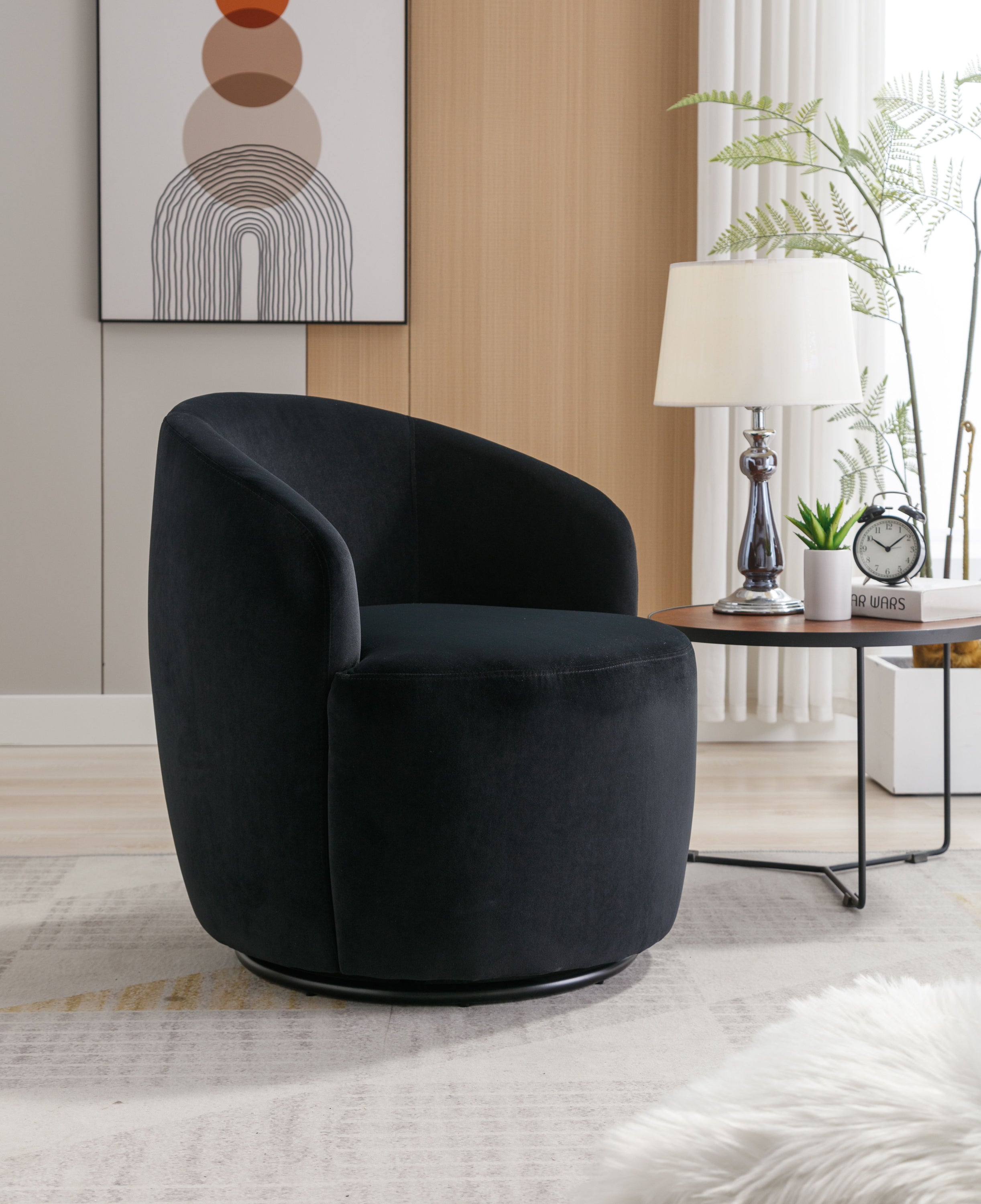 Velvet Fabric Swivel Accent Armchair Barrel Chair With Powder Coating Metal Ring