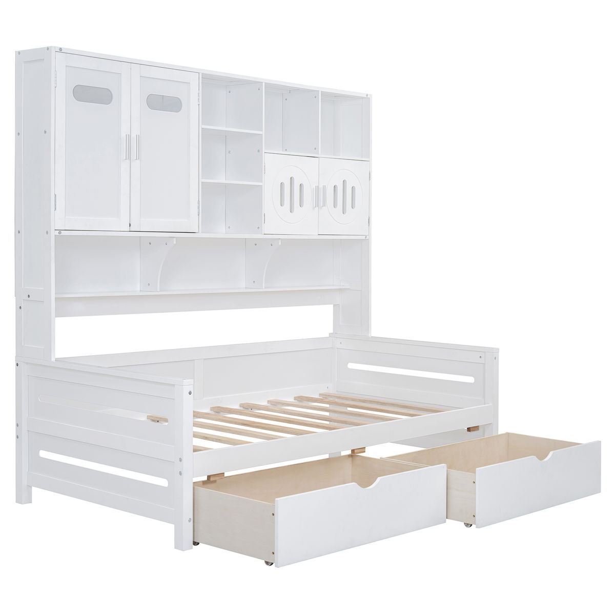 Wooden Daybed With 2 Drawers, And All-In-One Cabinet And Shelf