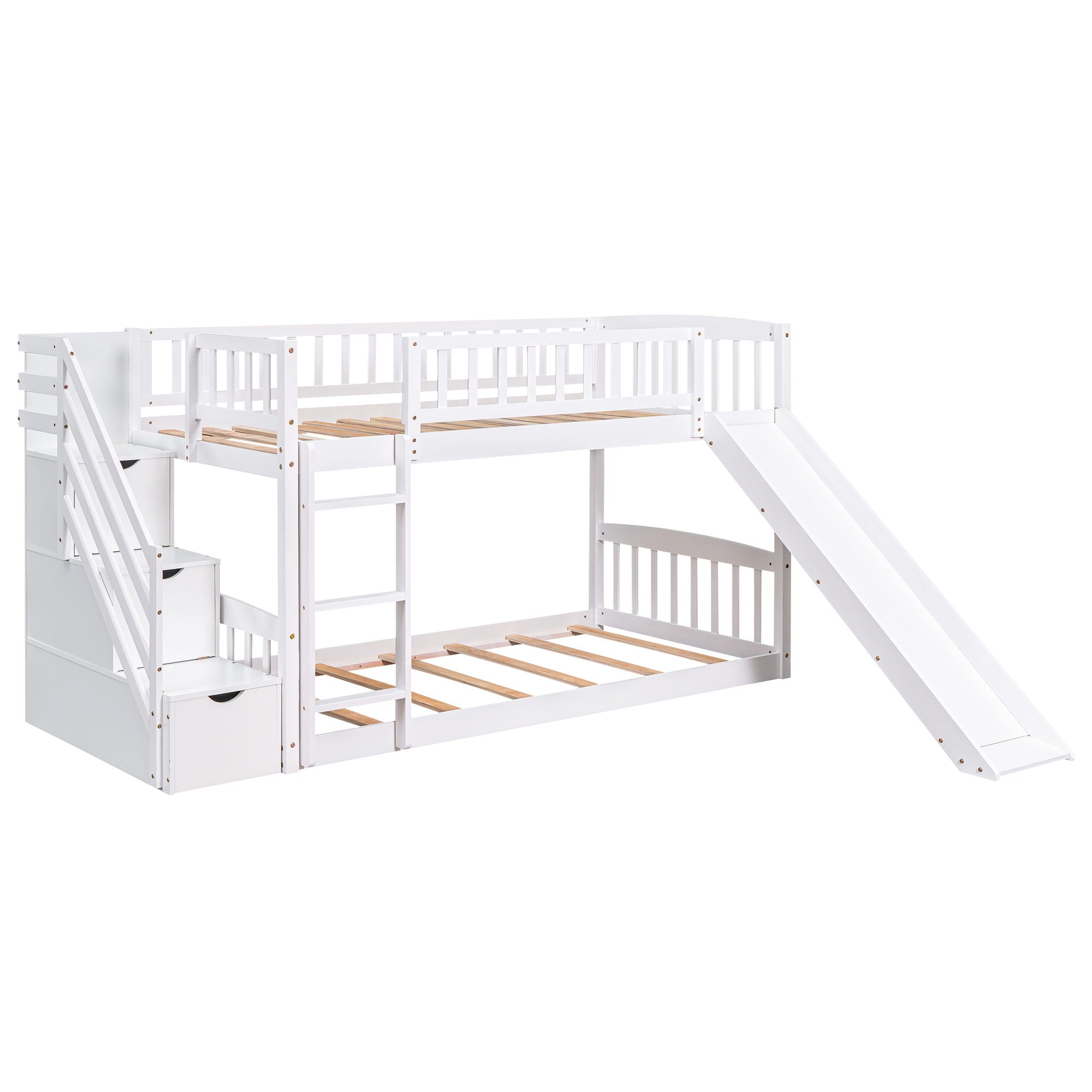 Stairway Twin Over Twin Bunk Bed With Two Drawers And Slide - White