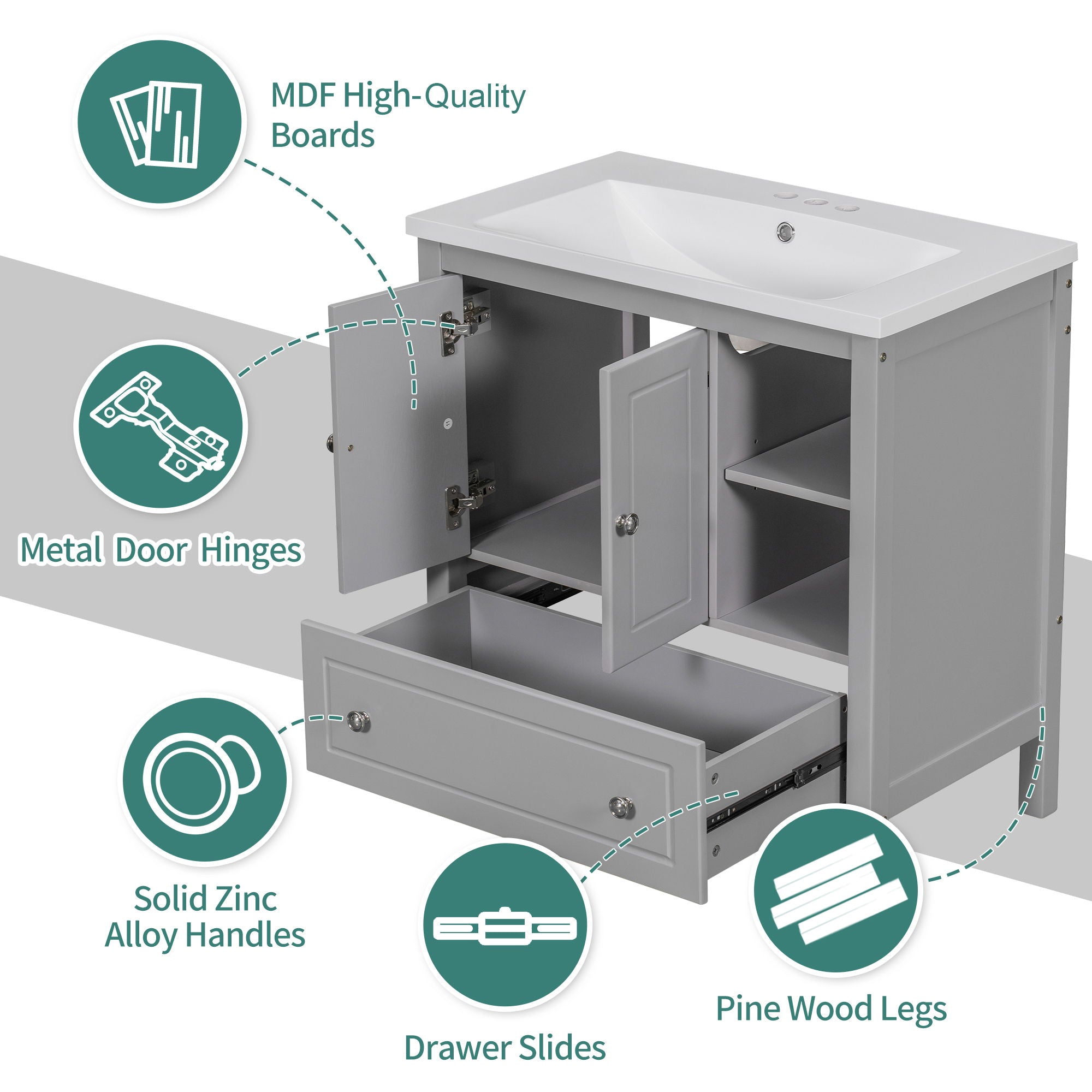 Bathroom Vanity With Sink, Bathroom Storage Cabinet With Doors And Drawers, Solid Wood Frame, Ceramic Sink