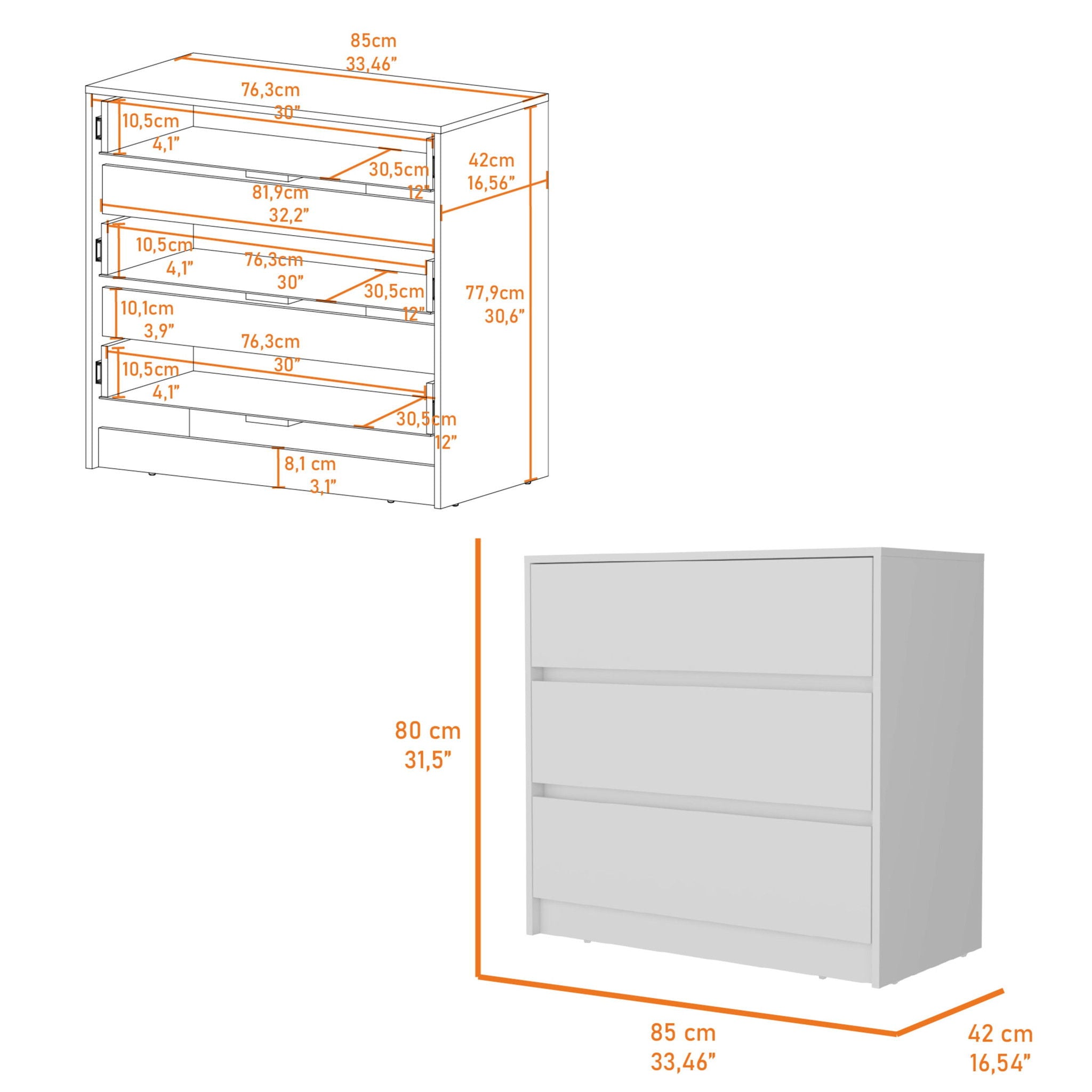 Manufactured Wood Three Drawer No Handles Dresser - White