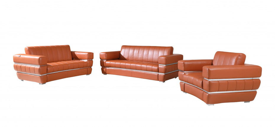 Three Piece Italian Leather Six Person Seating Set Indoor - Camel