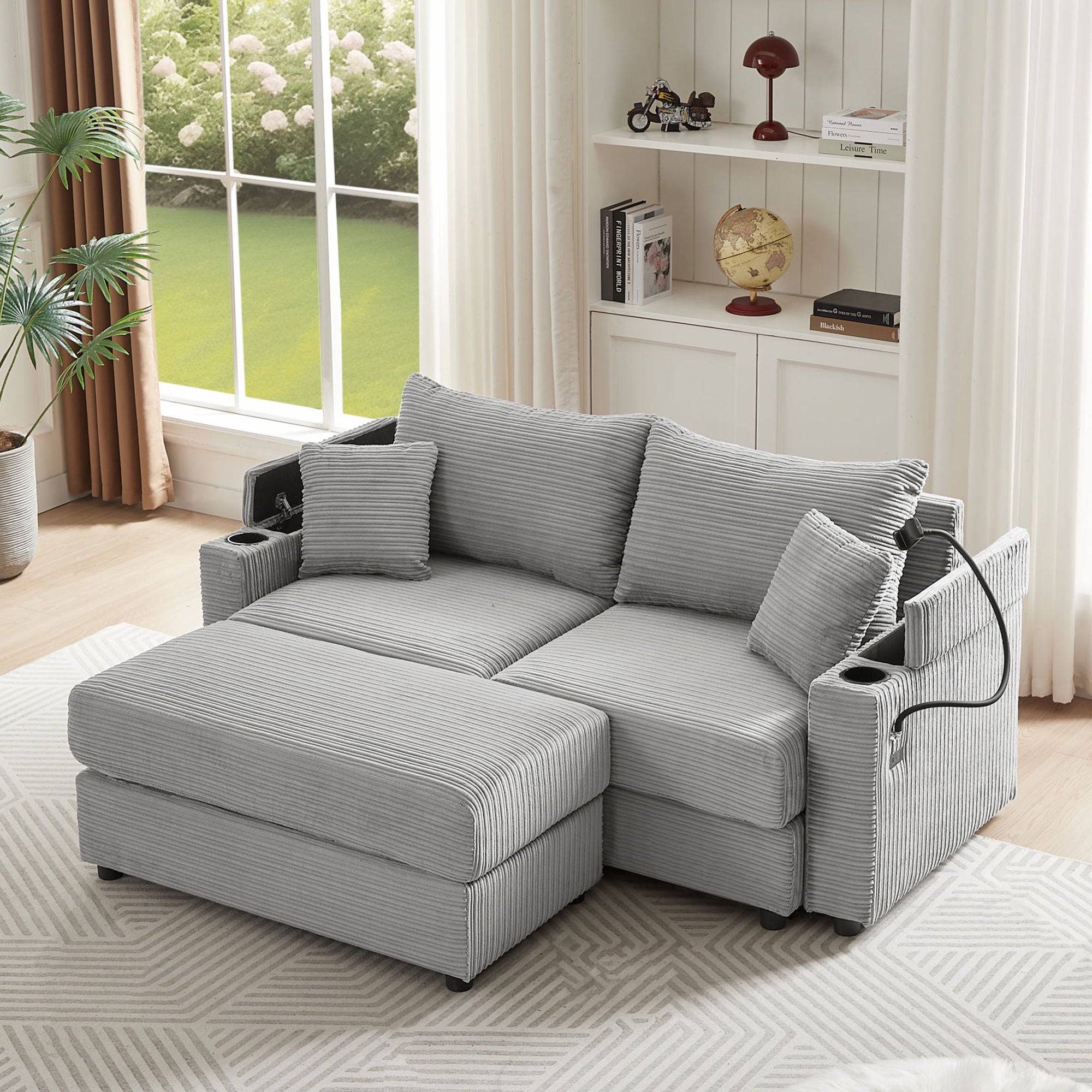 Modern Style Loveseat Sofa Sectional Sofa Couch With Storage Space, A Movable Ottoman, Two USB Ports, Two Cup Holders, A Phone Holder For Living Room