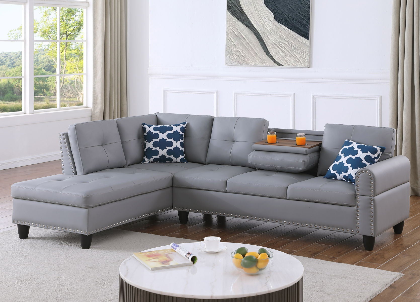 Irine - Faux Leather Sectional Sofa With Ottoman - Gray