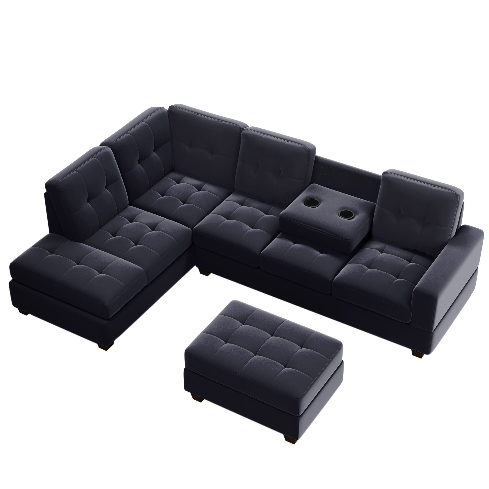 Modern Sectional Sofa With Reversible Chaise, L Shaped Couch Set With Storage Ottoman And Two Cup Holders For Living Room