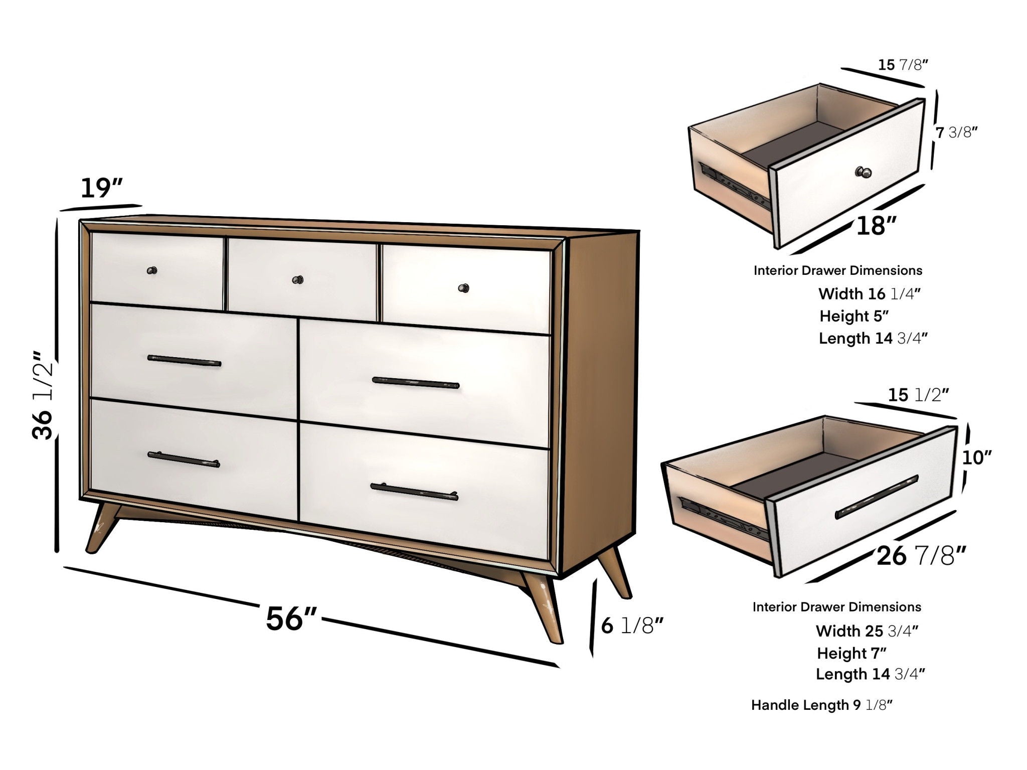 Solid Wood 7 Drawer Double Dresser - Brown / White