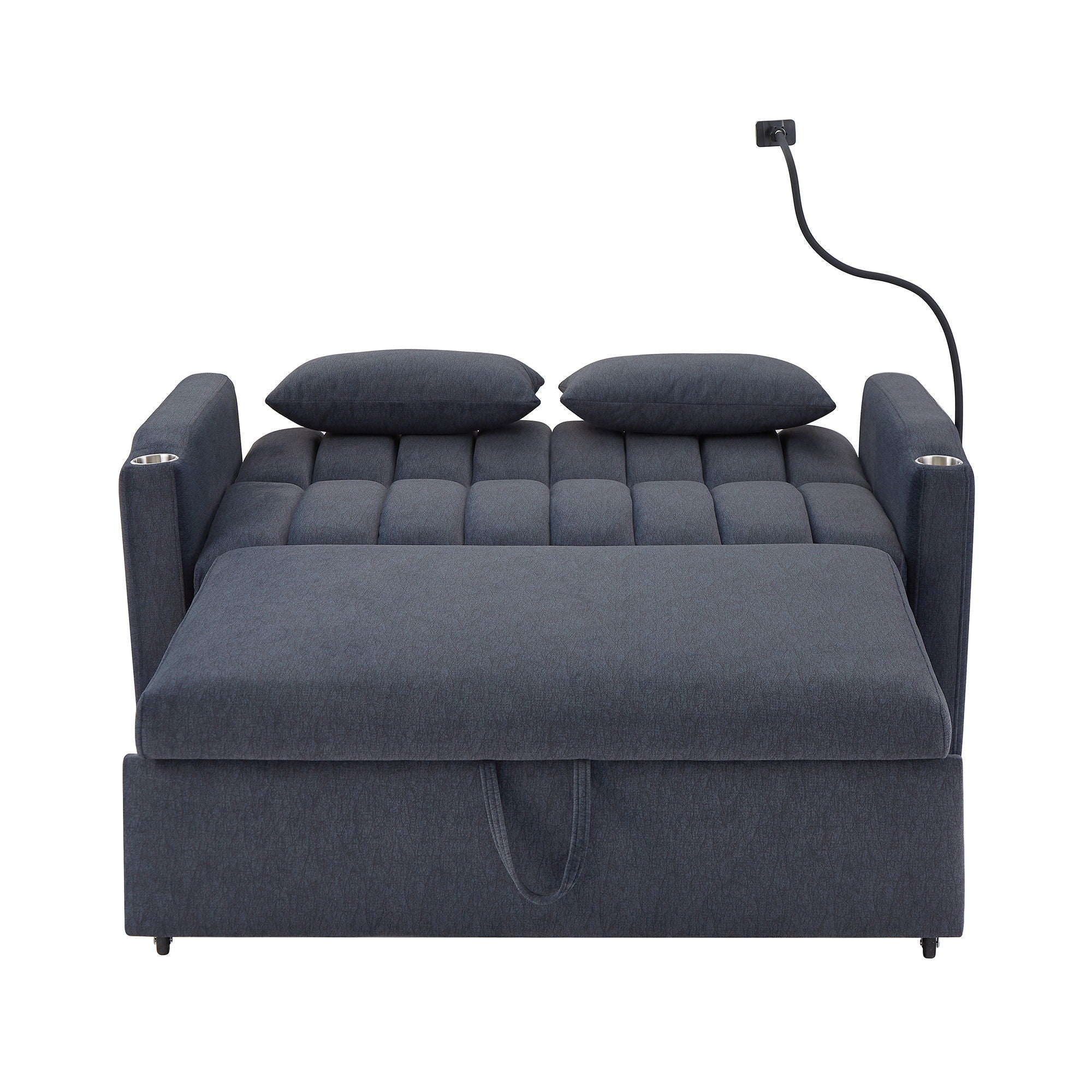 Convertible Sofa Bed Loveseat Sofa With Three USB Ports, Two Side Pockets, Two Cup Holders And 360° swivel Phone Holder For Living Room