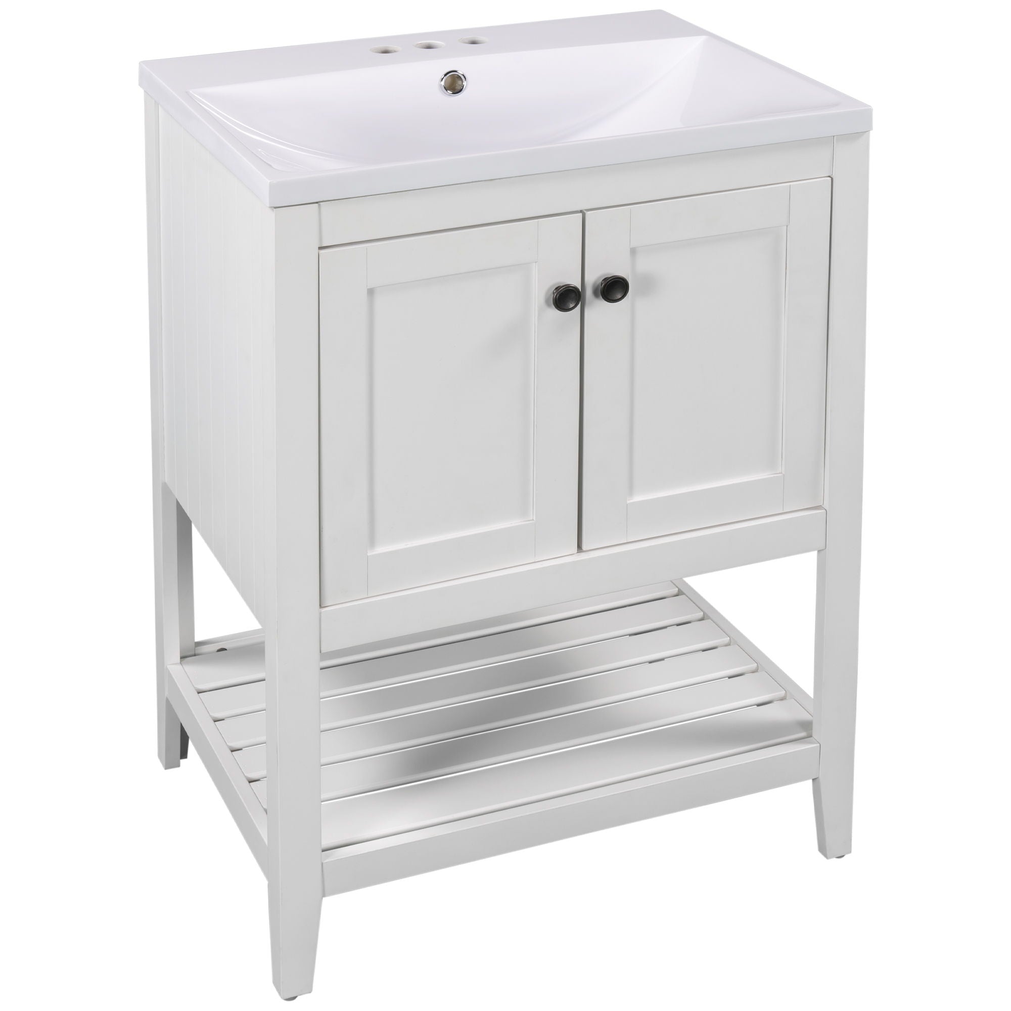 Modern Sleek Bathroom Vanity Elegant Ceramic Sink With Solid Wood Frame Open Style Shelf - White