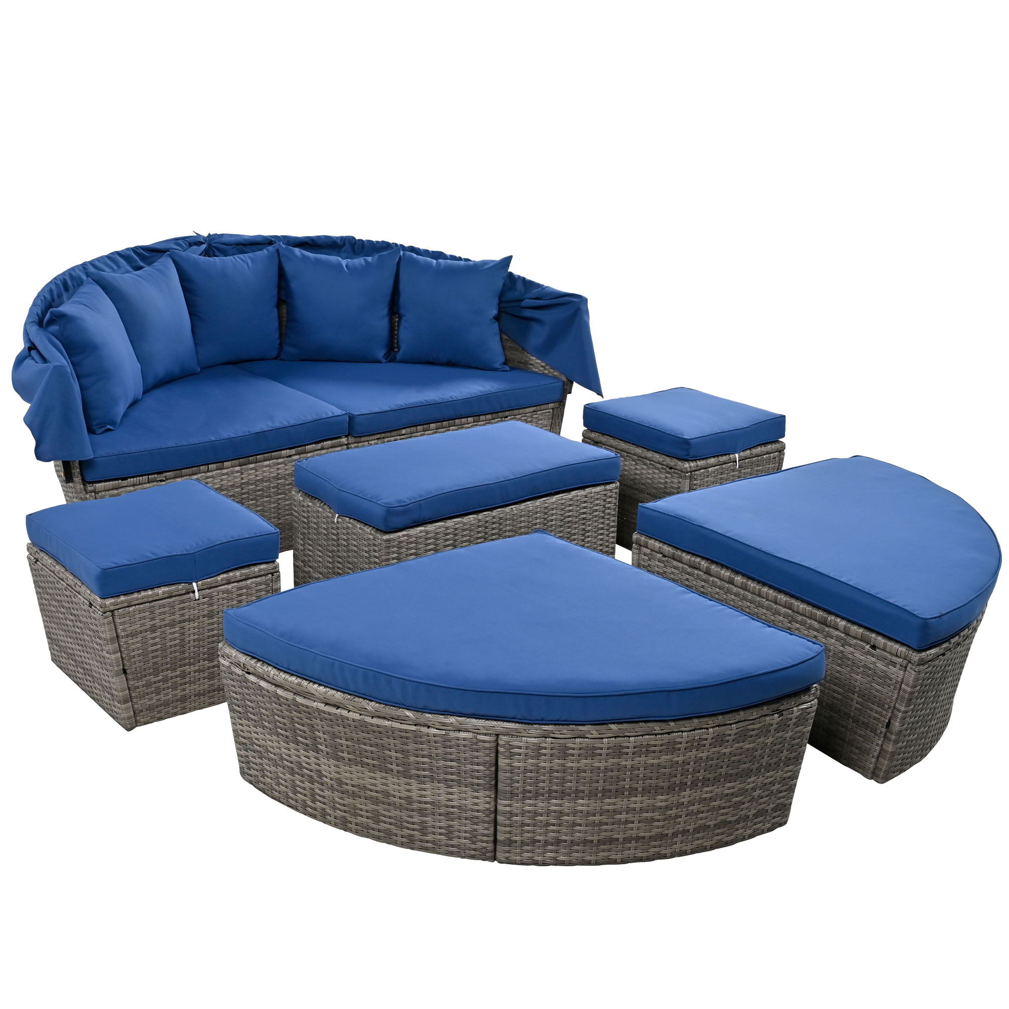 Outdoor Rattan Daybed Sunbed With Retractable Canopy Wicker Furniture, Round Outdoor Sectional Sofa Set - Black Wicker Furniture Clamshell Seating With Washable Cushions, Backyard, Porch