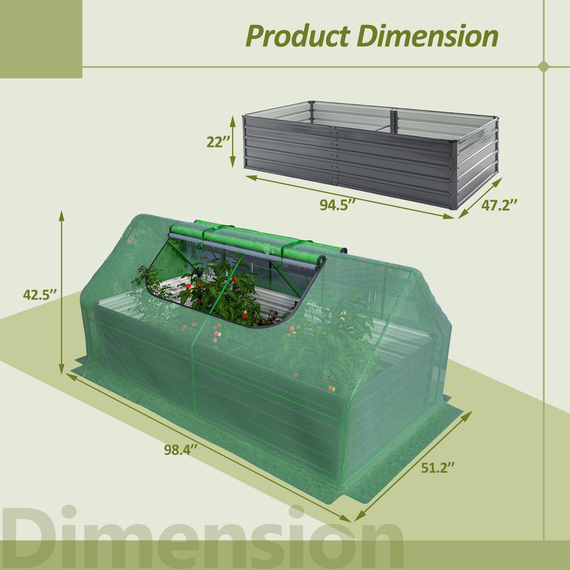 Galvanized Raised Garden Bed With Cover Metal Planter Box Kit, With 2 Large Screen Windows Mini Greenhouse, Outdoor Growing Vegetables - Gray