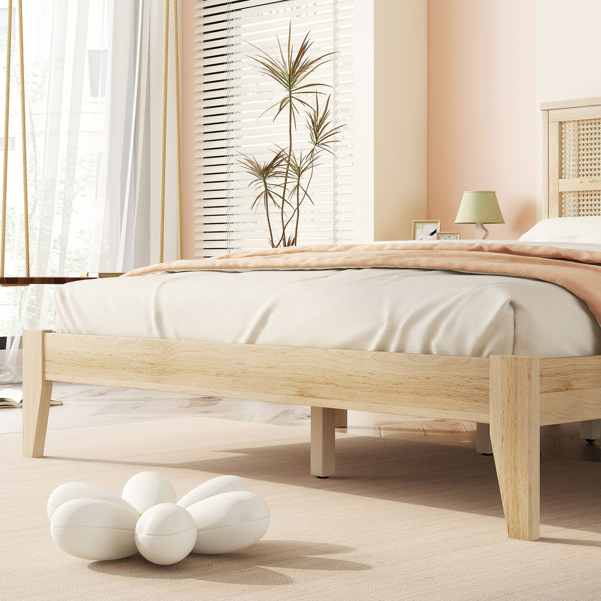 Queen Size Rubber Wooden, Solid Wooden Bed With Rattan Headboard, Enhanced By Support Feet - Natural