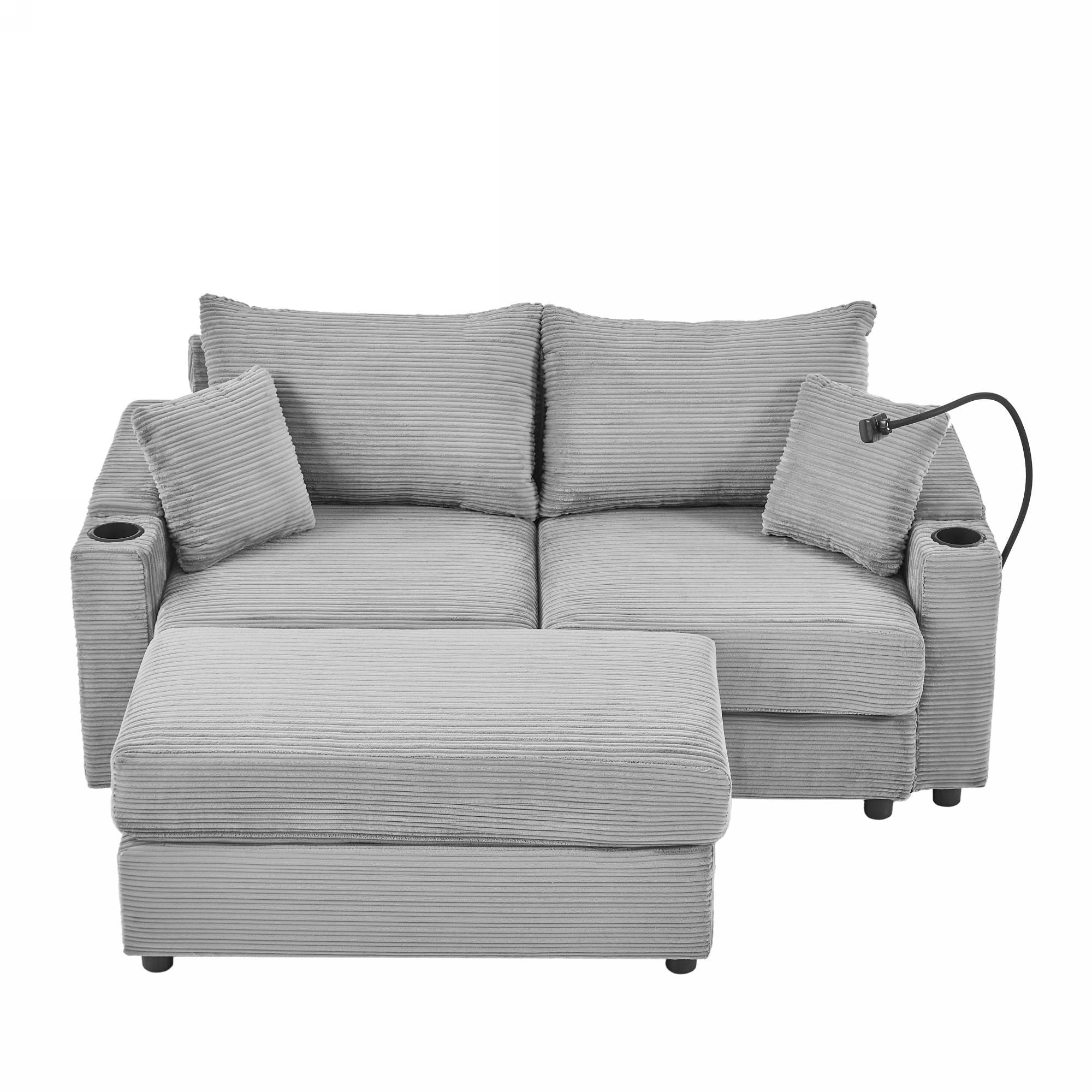 Modern Style Loveseat Sofa Sectional Sofa Couch With Storage Space, A Movable Ottoman, Two USB Ports, Two Cup Holders, A Phone Holder For Living Room