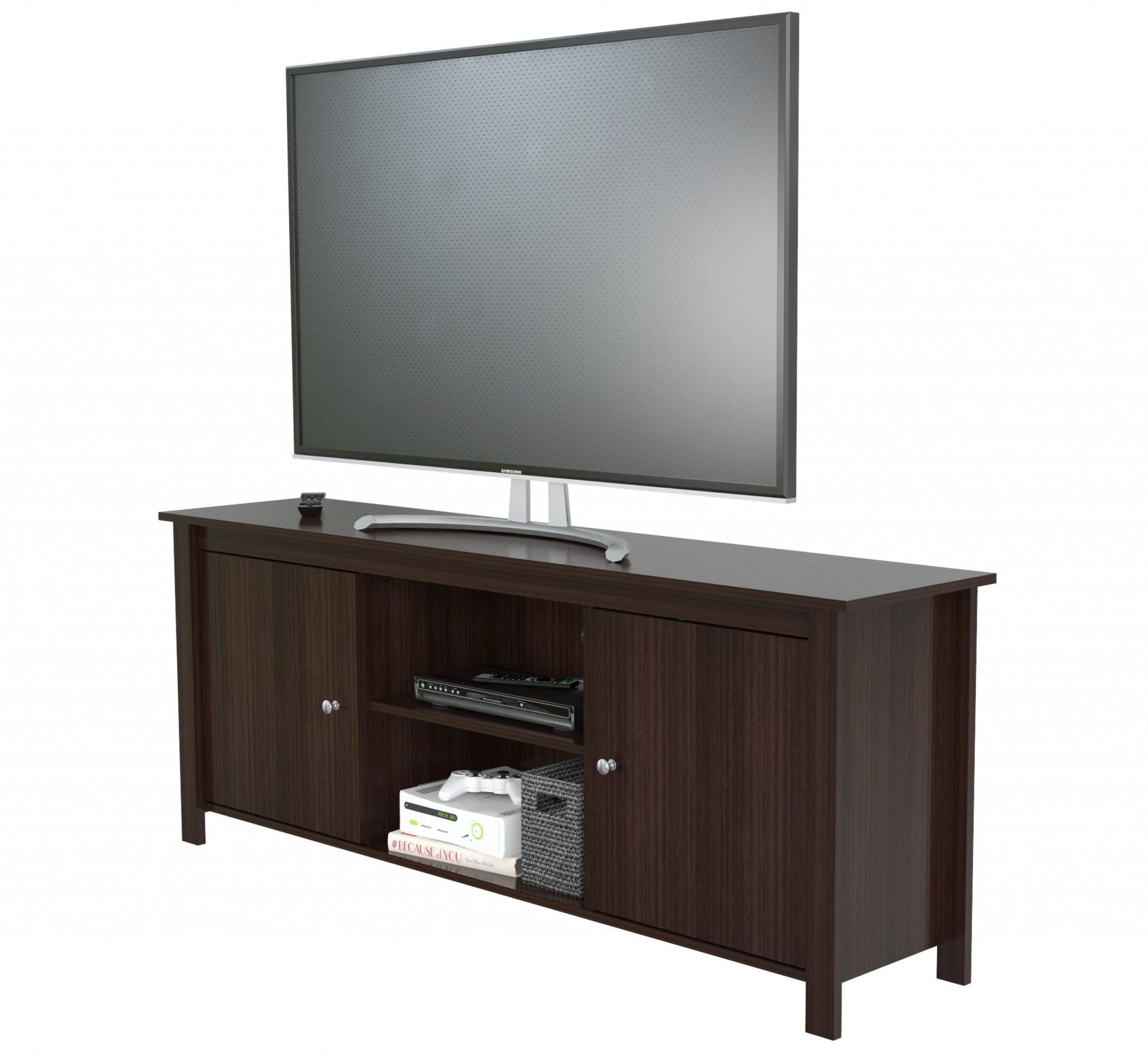 Wood And Metal Cabinet Enclosed Storage Mirrored TV Stand - Dark Brown