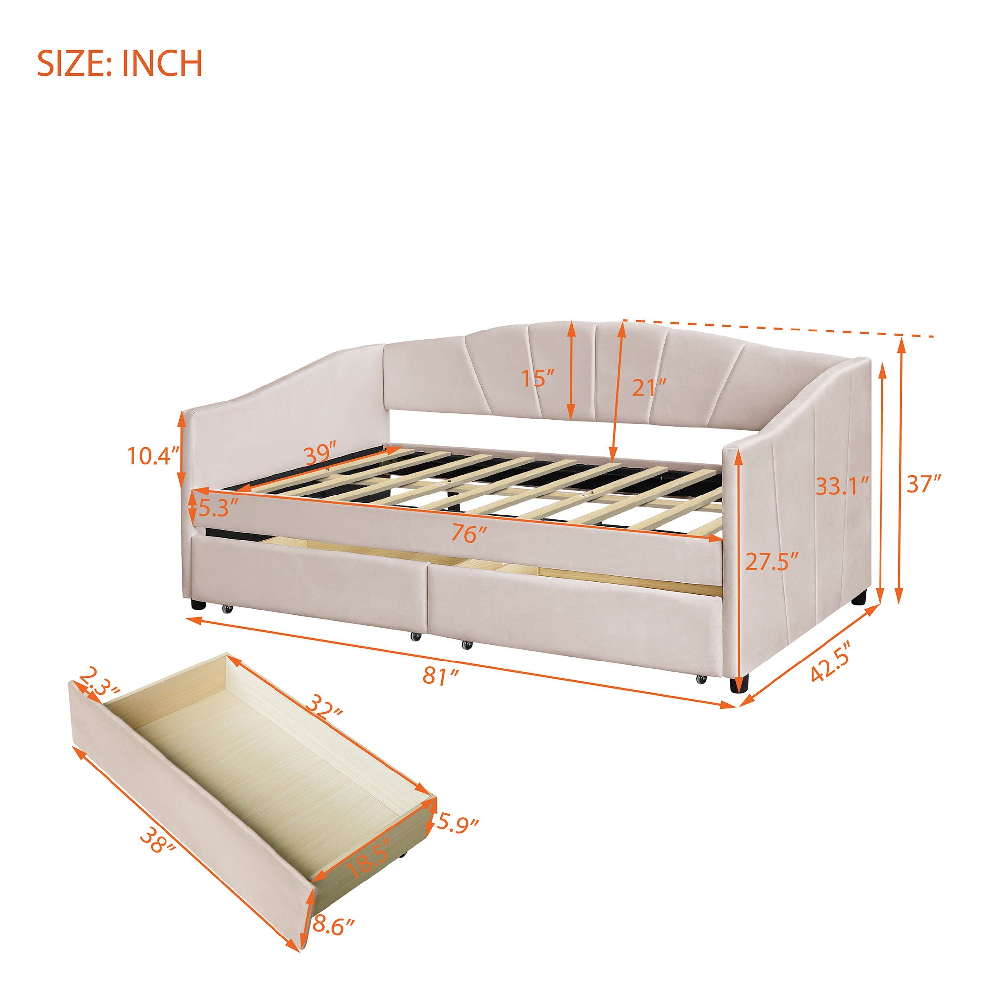 Upholstered Daybed With Two Drawers And Wood Slat