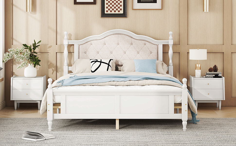 Pine Wooden Bed With Upholstered Headboard And Panel Footboard, With Two Bed Rail Support Feet And Central Platform Support Feet