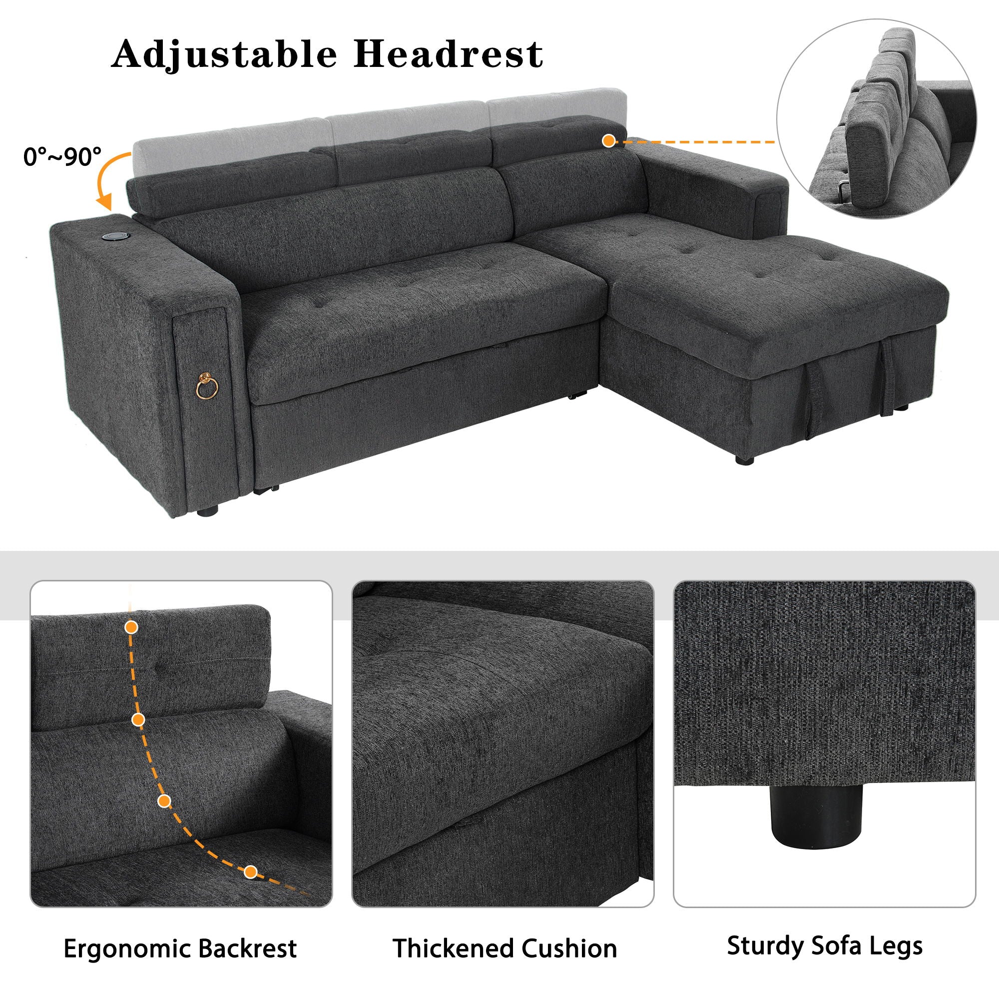 Multi-Functional Pull-Out Sofa Bed L-Shape Sectional Sofa With Adjustable Headrest, Wireless Charging, Cup Holders And Hidden Storage For Living Room