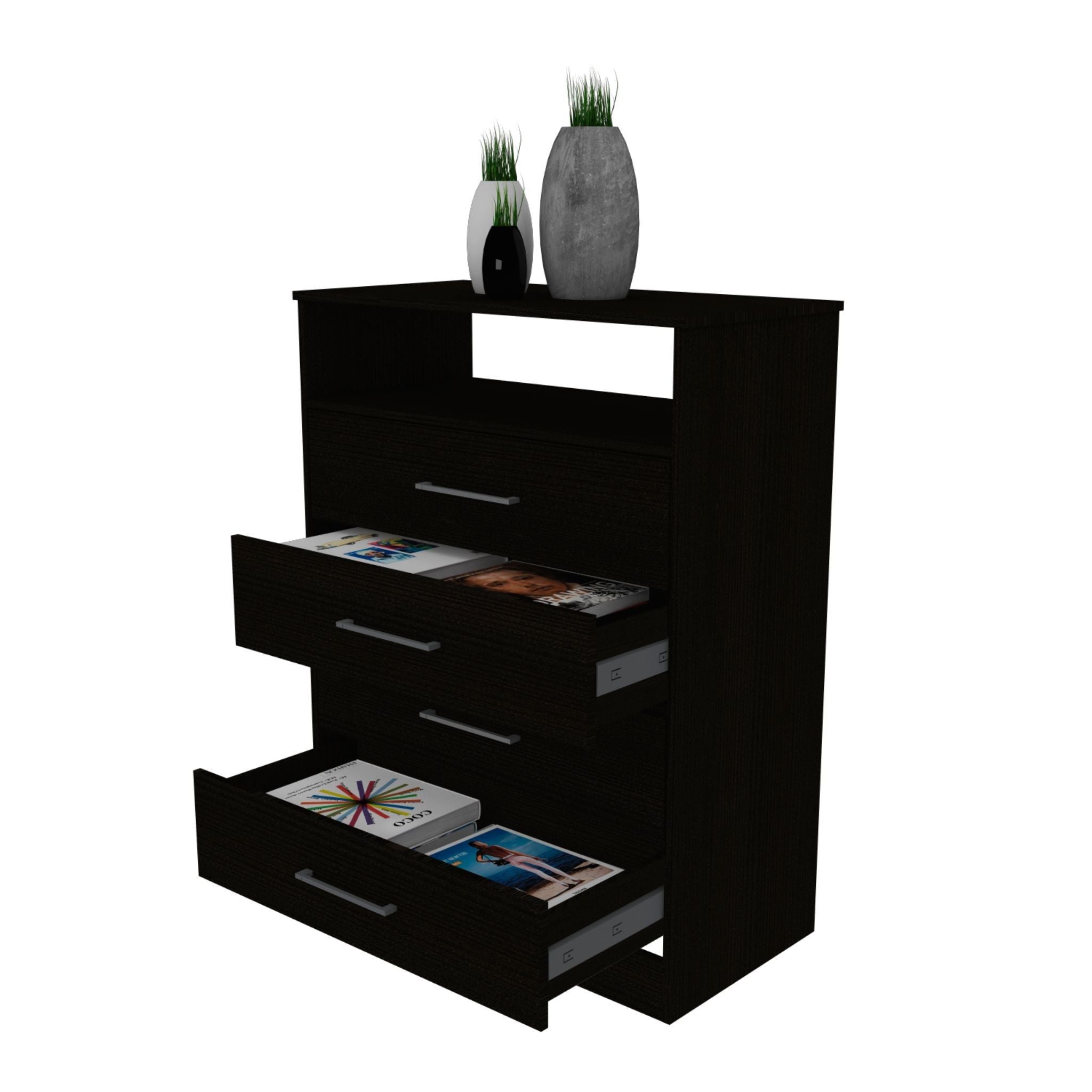 Modern Four Drawer Dresser With Hutch - Black