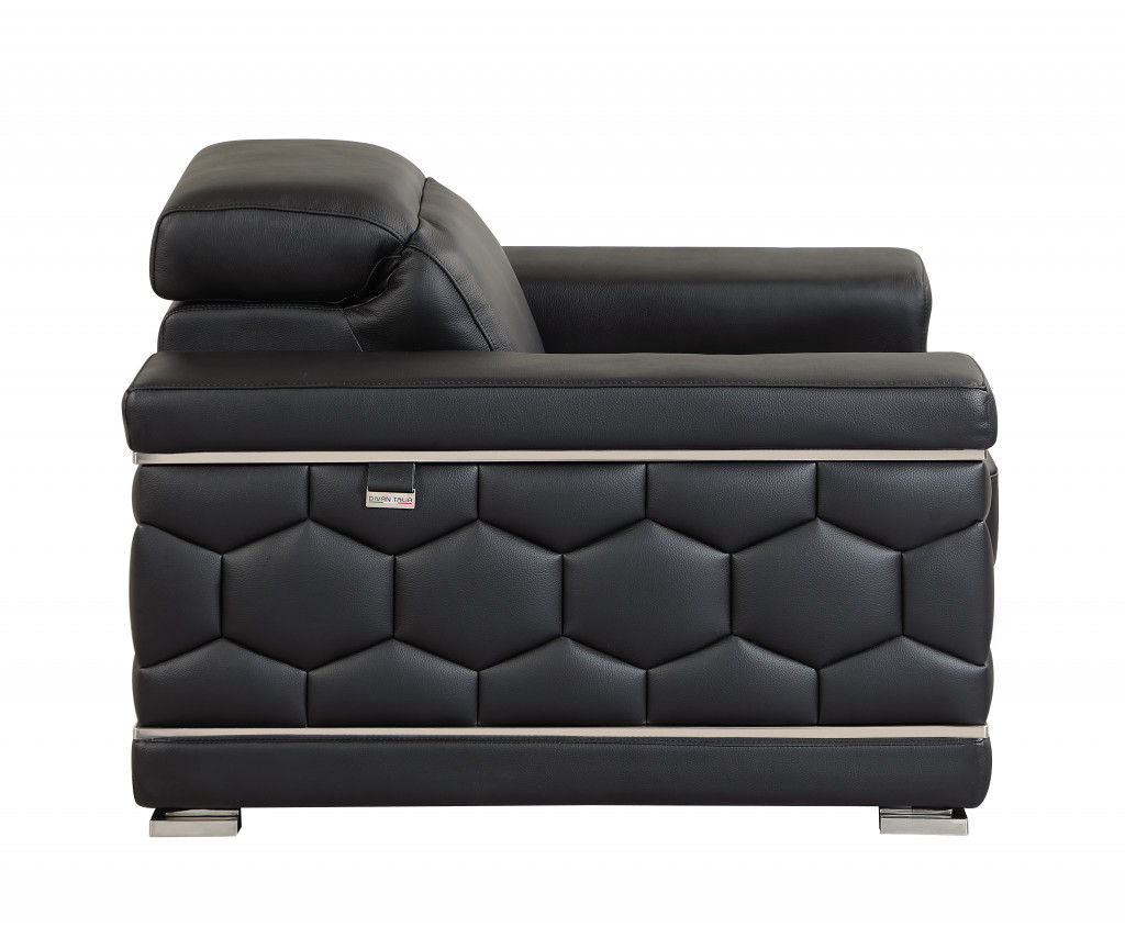 Sofa Italian Leather With Silver Legs - Black