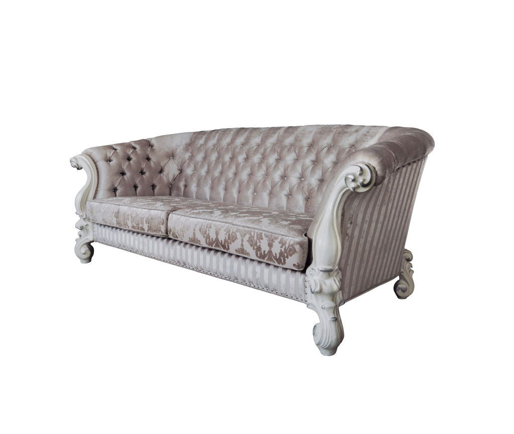 Velvet Damask Sofa And Toss Pillows With Bone Legs - Ivory