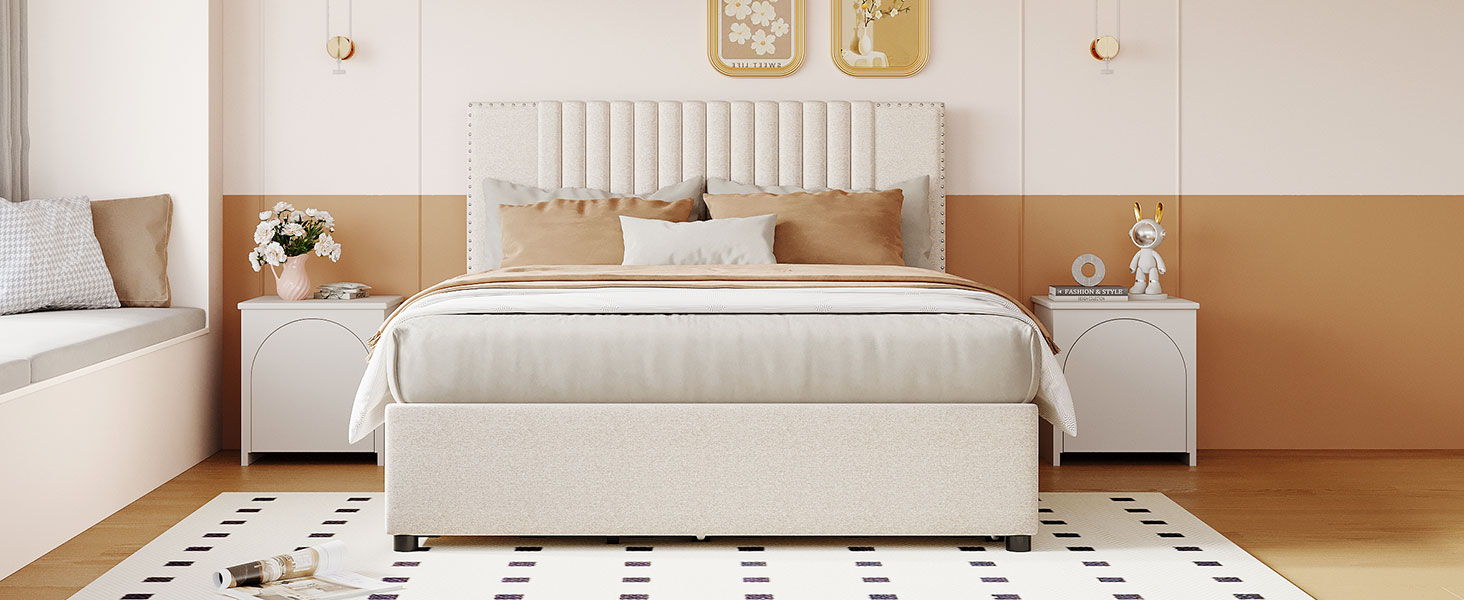 Upholstered Platform Bed With 2 Drawers And 1 Trundle, Classic Headboard Design