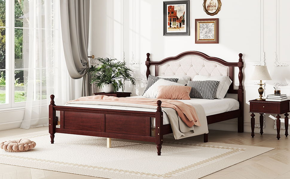 Pine Wooden Bed With Upholstered Headboard And Panel Footboard, With Two Bed Rail Support Feet And Central Platform Support Feet