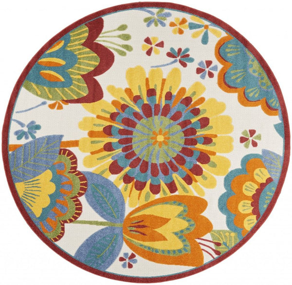 8' Round Round Floral Indoor / Outdoor Area Rug - Yellow / Ivory